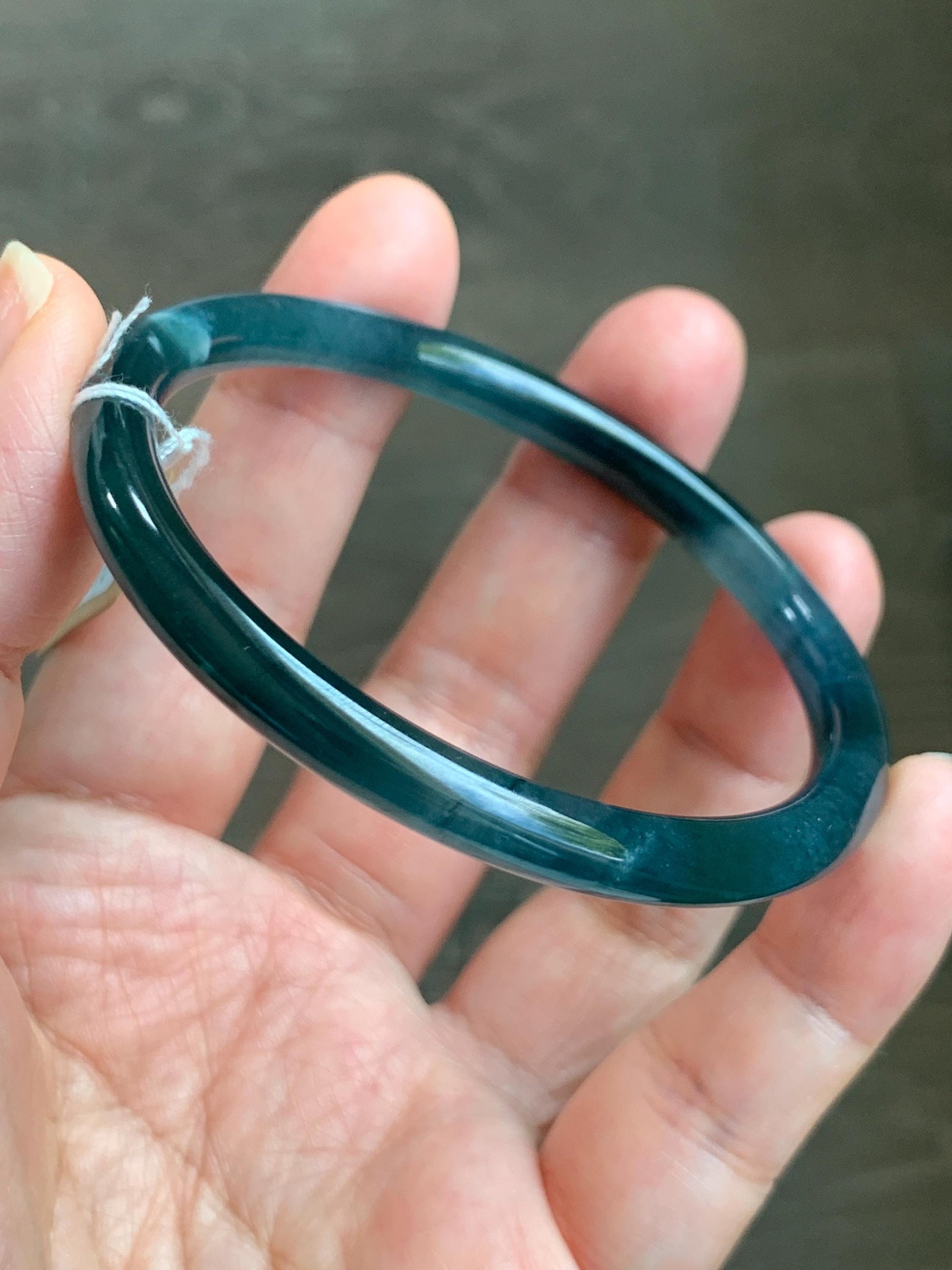 Certified Natural Grade A Guatemalan Icy Translucent Dark Teal Blue Marbled Jade Jadeite Bangle Bracelet 56.28mm 6.95” 天然冰胶危蓝飘花翡翠细圆条手镯 070