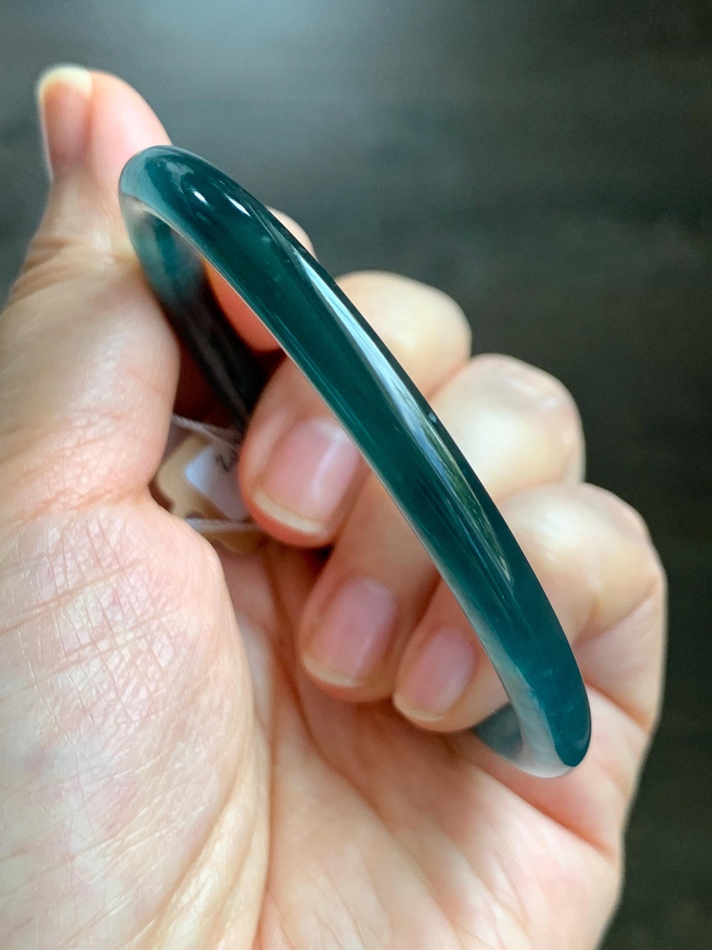 Certified Natural Grade A Guatemalan Icy Translucent Dark Teal Blue Marbled Jade Jadeite Bangle Bracelet 56.28mm 6.95” 天然冰胶危蓝飘花翡翠细圆条手镯 070