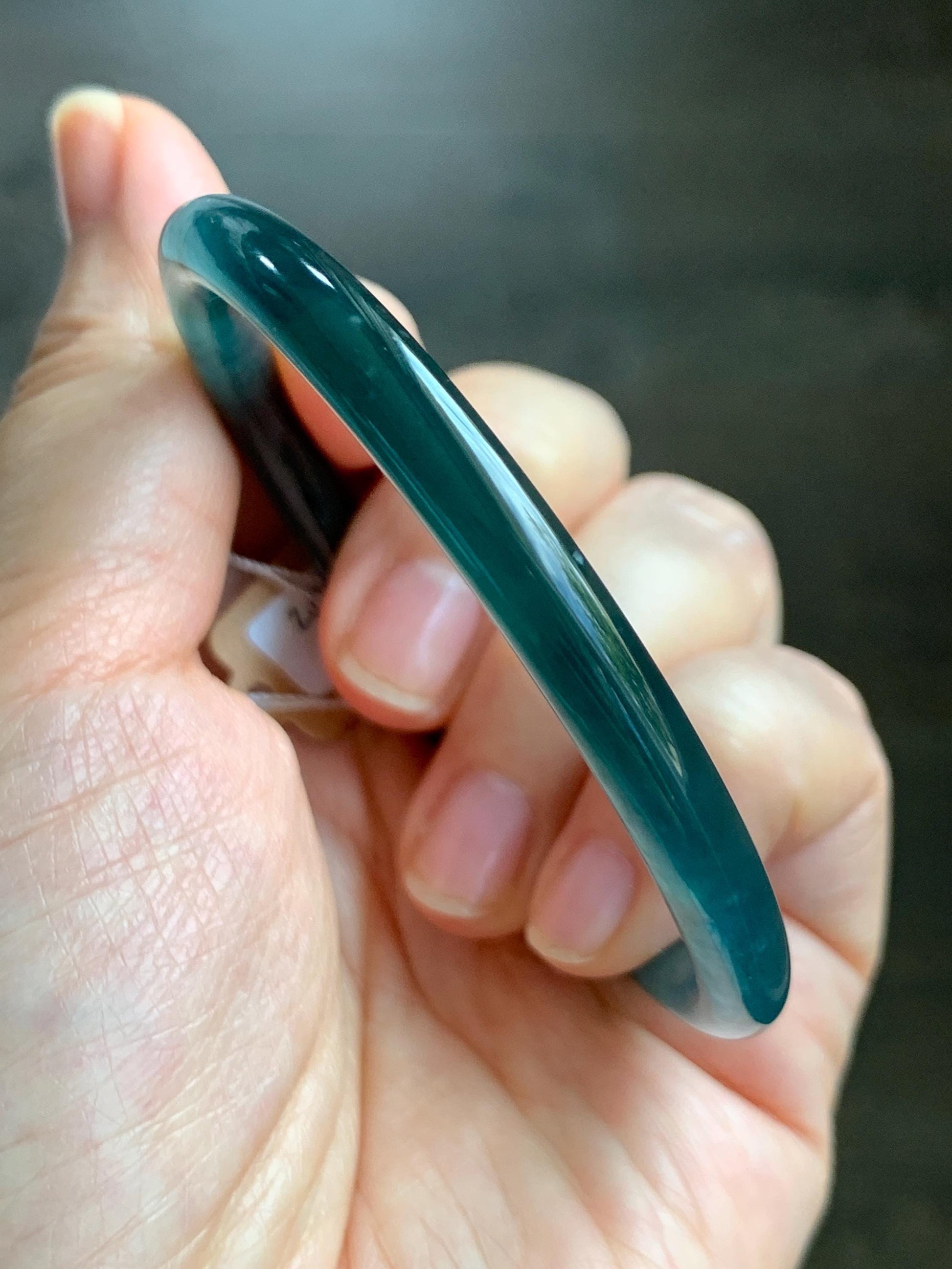 Certified Natural Grade A Guatemalan Icy Translucent Dark Teal Blue Marbled Jade Jadeite Bangle Bracelet 56.28mm 6.95” 天然冰胶危蓝飘花翡翠细圆条手镯 070