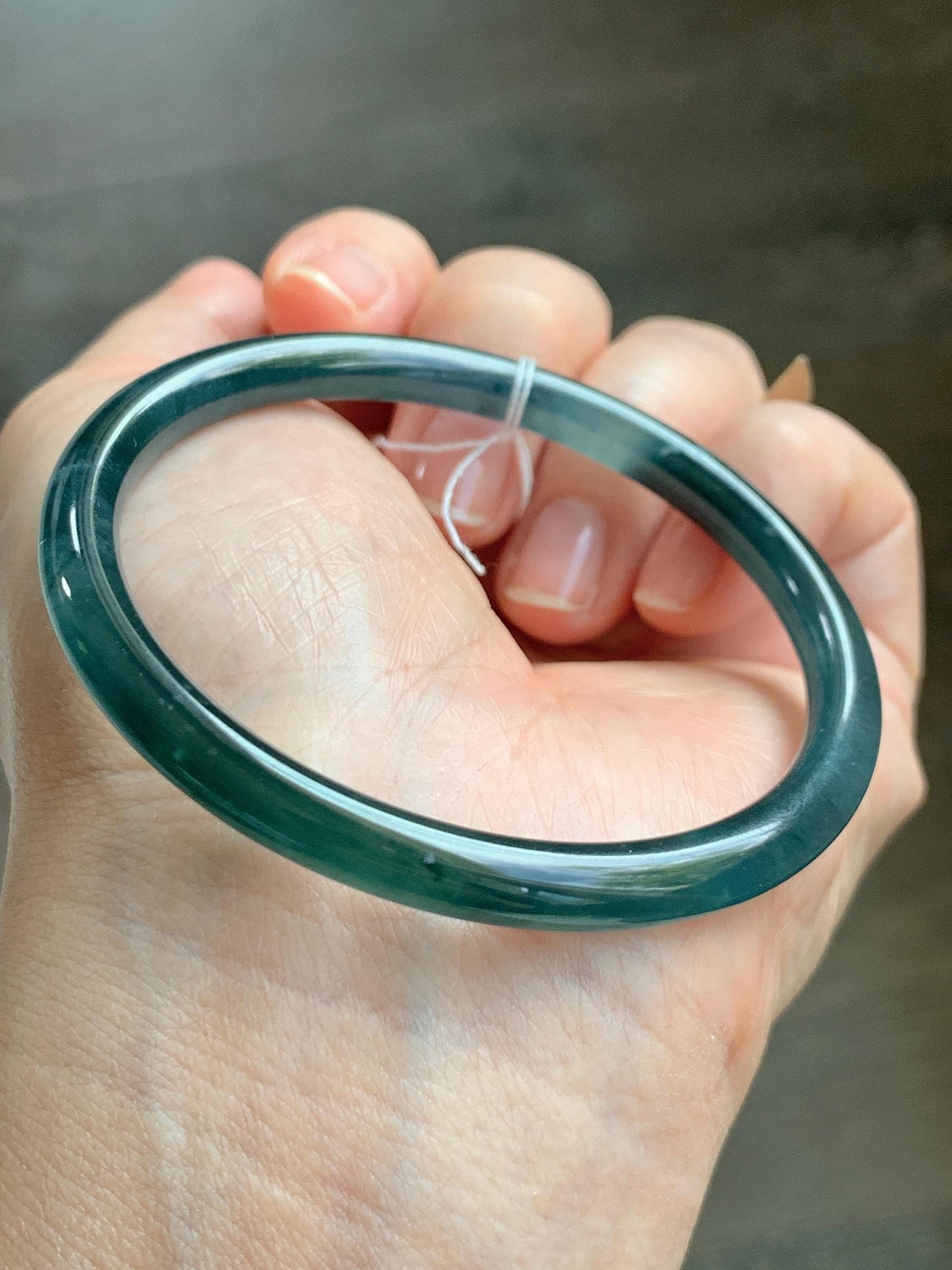 Certified Natural Grade A Guatemalan Icy Translucent Dark Teal Blue Marbled Jade Jadeite Bangle Bracelet 56.28mm 6.95” 天然冰胶危蓝飘花翡翠细圆条手镯 070