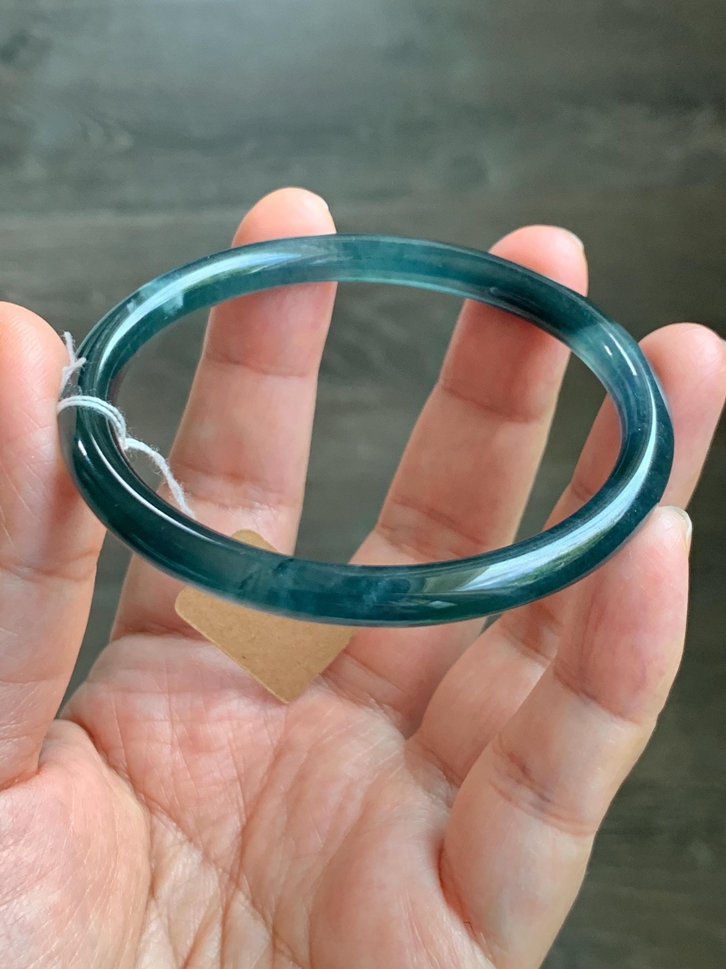 Certified Natural Grade A Guatemalan Icy Translucent Dark Teal Blue Marbled Jade Jadeite Bangle Bracelet 56.28mm 6.95” 天然冰胶危蓝飘花翡翠细圆条手镯 070