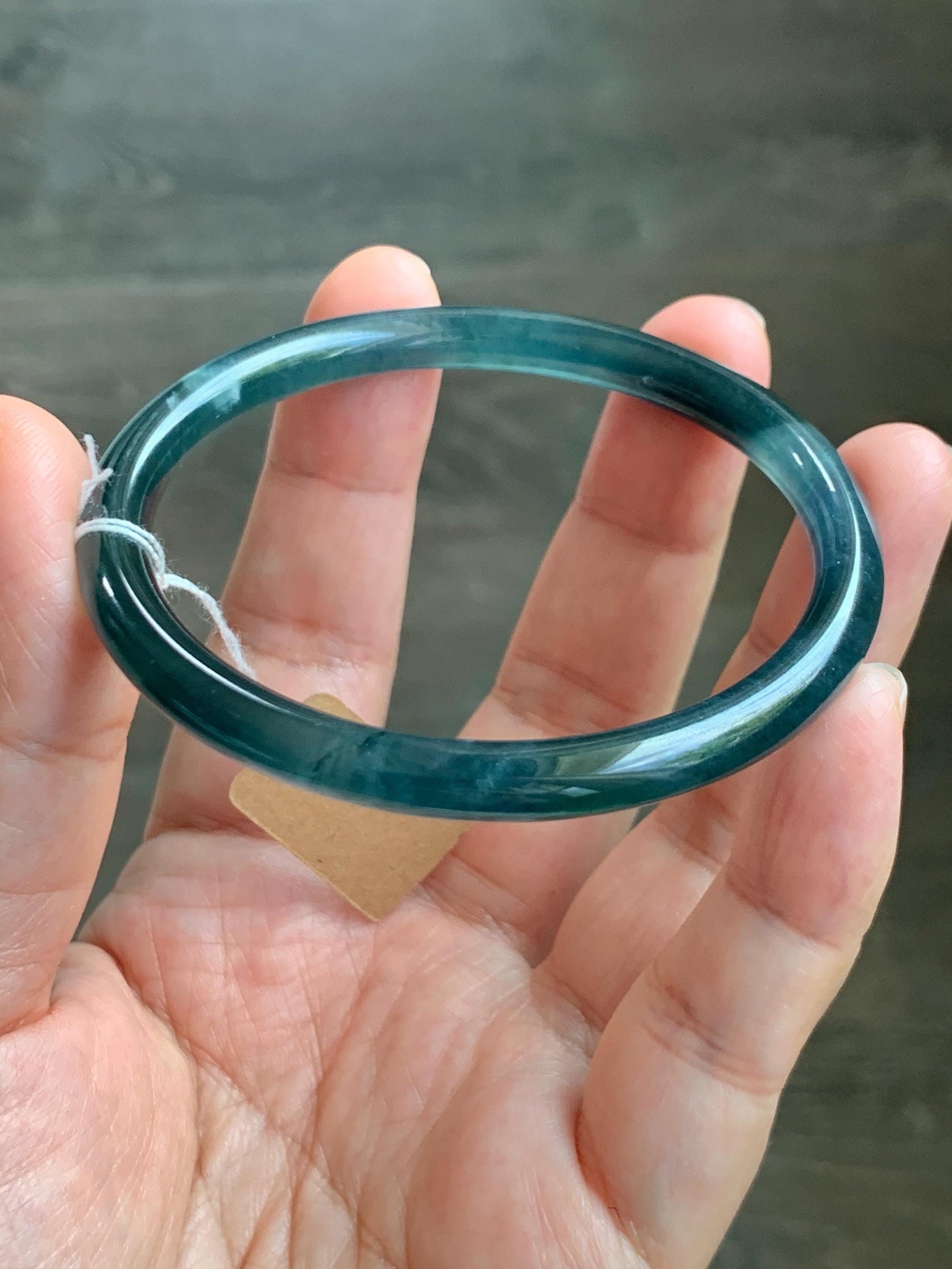 Certified Natural Grade A Guatemalan Icy Translucent Dark Teal Blue Marbled Jade Jadeite Bangle Bracelet 56.28mm 6.95” 天然冰胶危蓝飘花翡翠细圆条手镯 070
