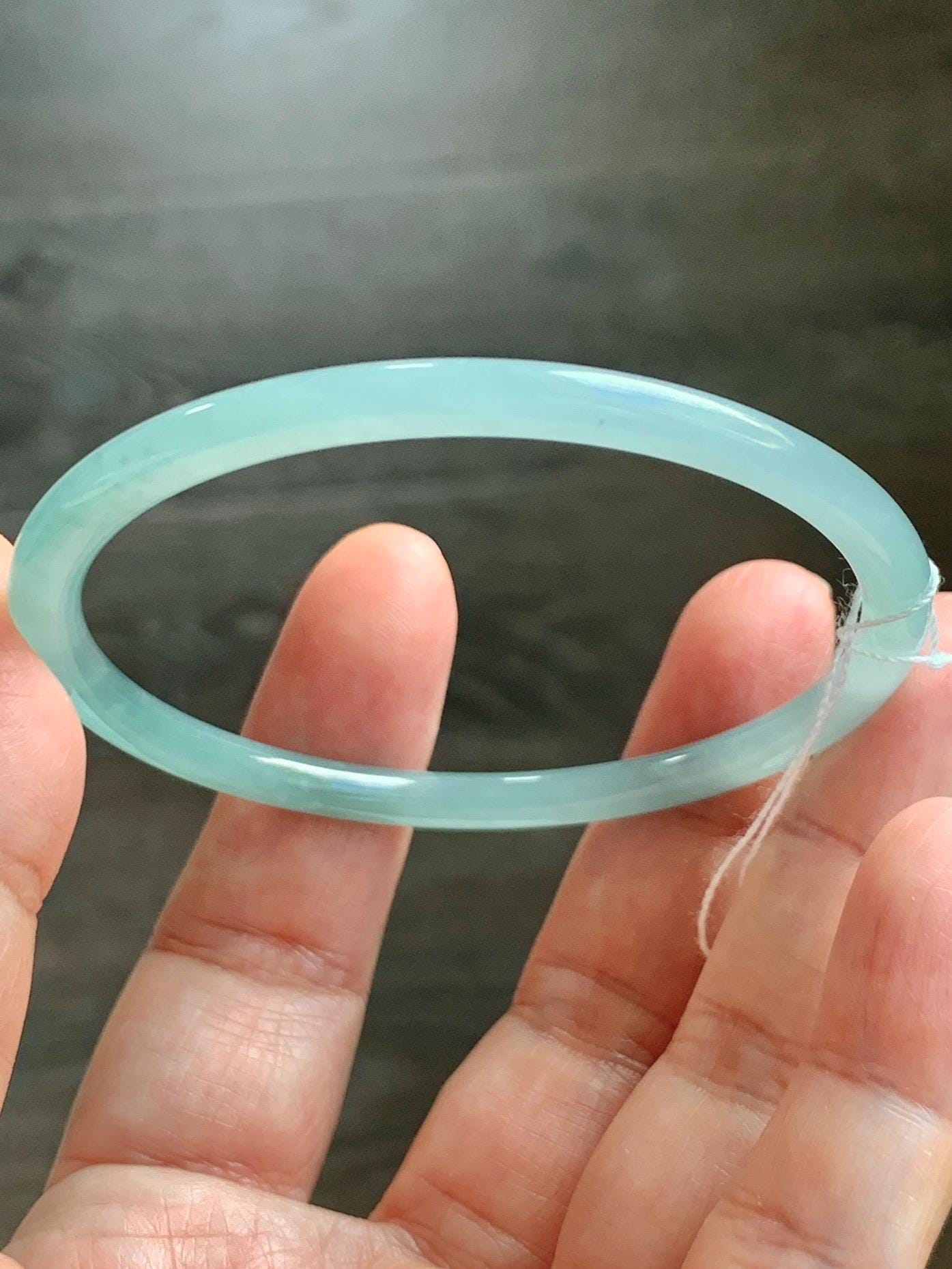 Certified Natural Grade A Guatemalan Icy Translucent Light Dusty Teal Blue Jade Jadeite Bangle Bracelet 57.6mm 7.12" 天然冰危浅蓝绿翡翠圆条手镯 078