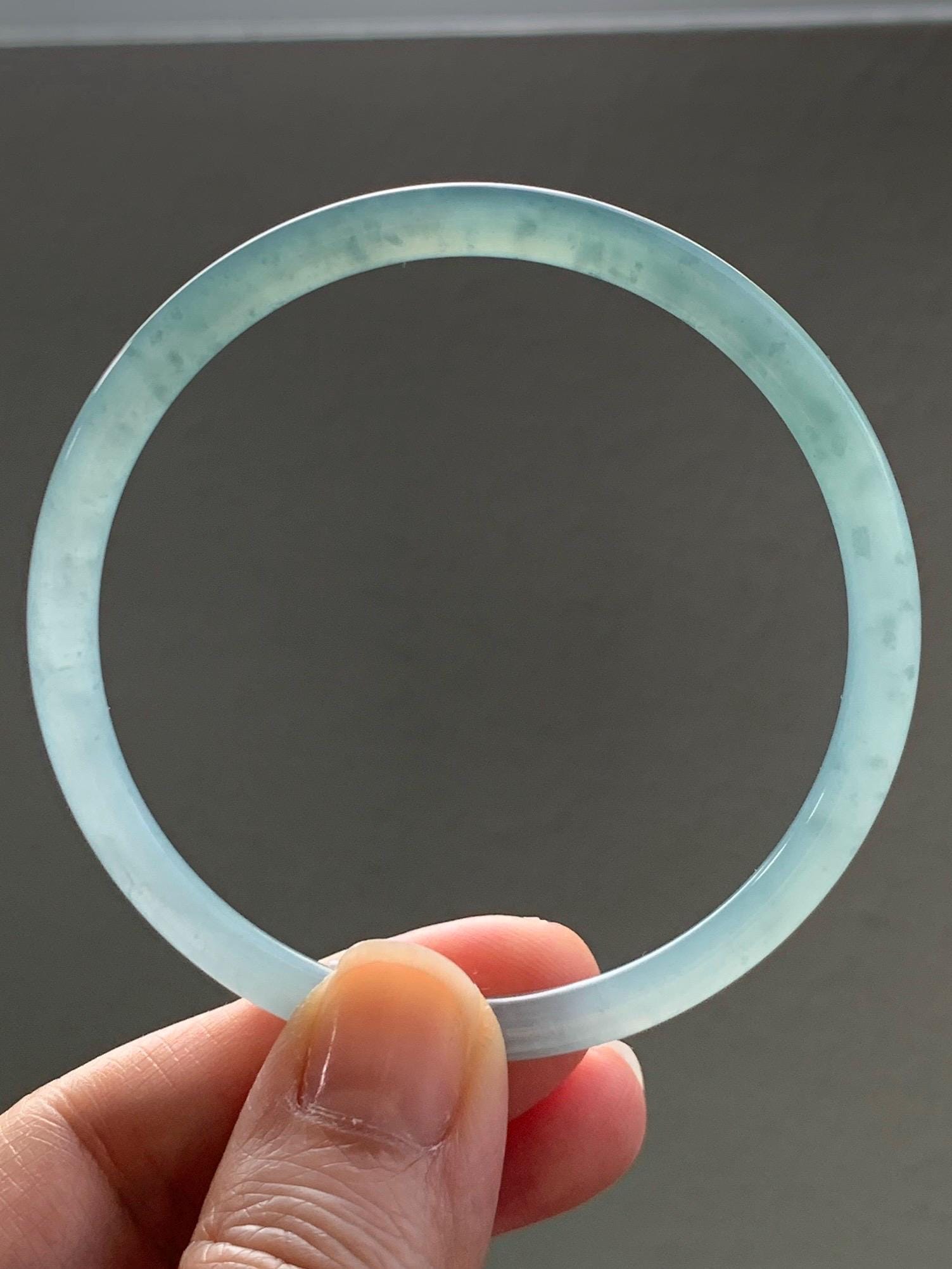 Certified Natural Grade A Guatemalan Icy Translucent Light Dusty Teal Blue Jade Jadeite Bangle Bracelet 57.6mm 7.12" 天然冰危浅蓝绿翡翠圆条手镯 078