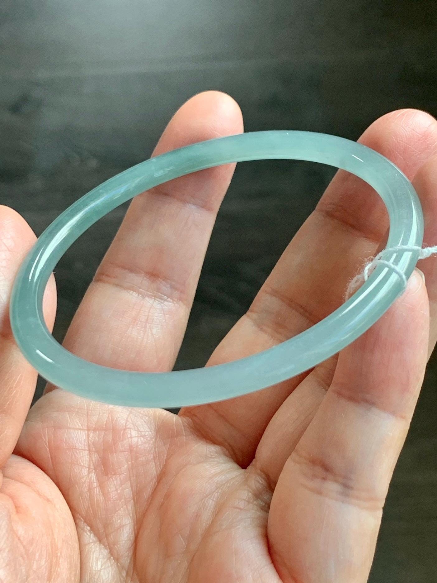 Certified Natural Grade A Guatemalan Icy Translucent Light Dusty Teal Blue Jade Jadeite Bangle Bracelet 57.6mm 7.12" 天然冰危浅蓝绿翡翠圆条手镯 078