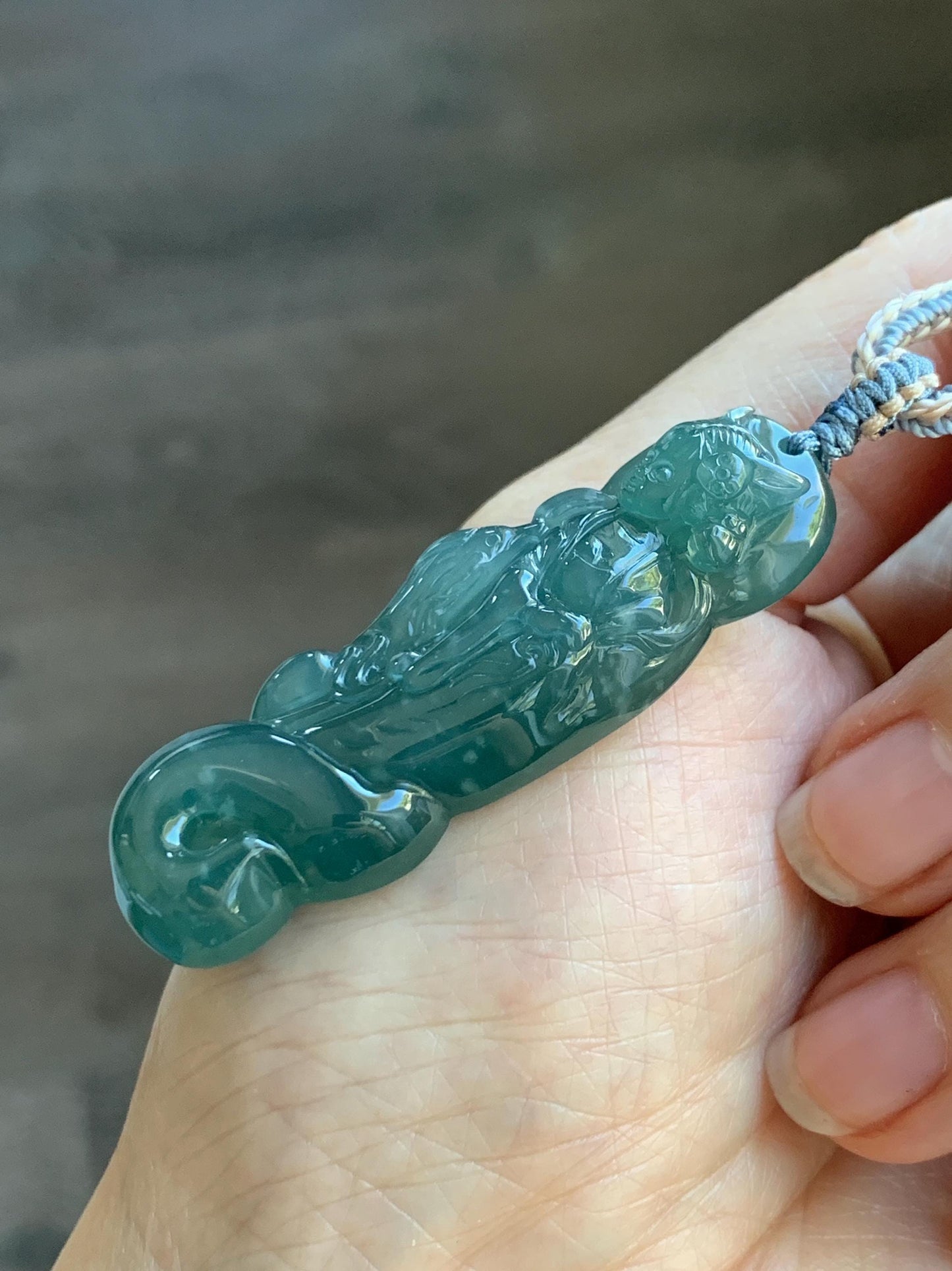 Natural Grade A Guatemalan Icy Translucent Dark Teal Blue Jade Jadeite Fairy Fox Pendant Rope Necklace 27.5” Adjustable 天然冰危深蓝翡翠狐仙吊坠 WHX205