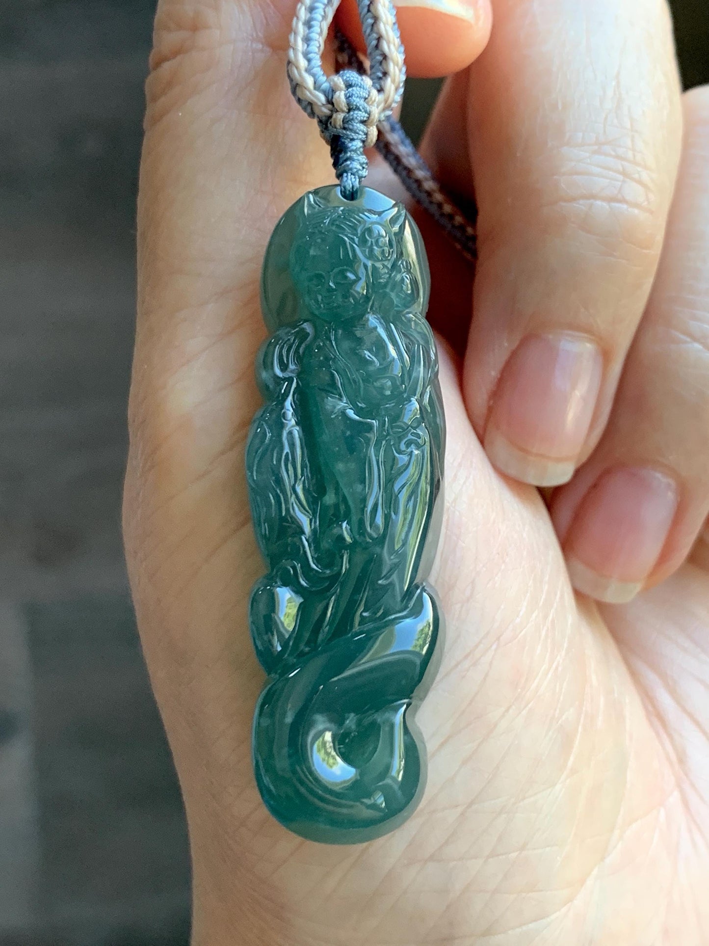 Natural Grade A Guatemalan Icy Translucent Dark Teal Blue Jade Jadeite Fairy Fox Pendant Rope Necklace 27.5” Adjustable 天然冰危深蓝翡翠狐仙吊坠 WHX205