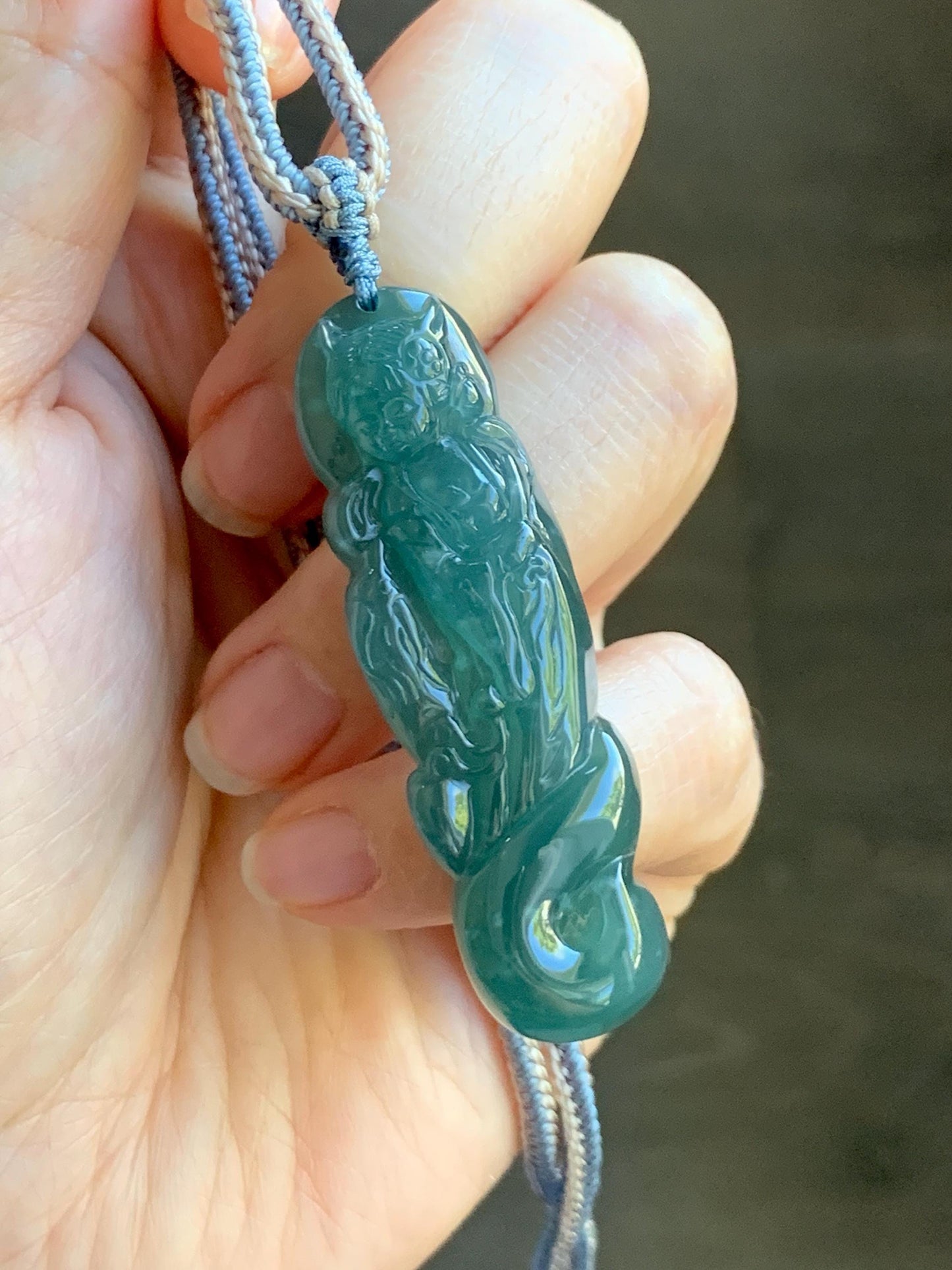 Natural Grade A Guatemalan Icy Translucent Dark Teal Blue Jade Jadeite Fairy Fox Pendant Rope Necklace 27.5” Adjustable 天然冰危深蓝翡翠狐仙吊坠 WHX205