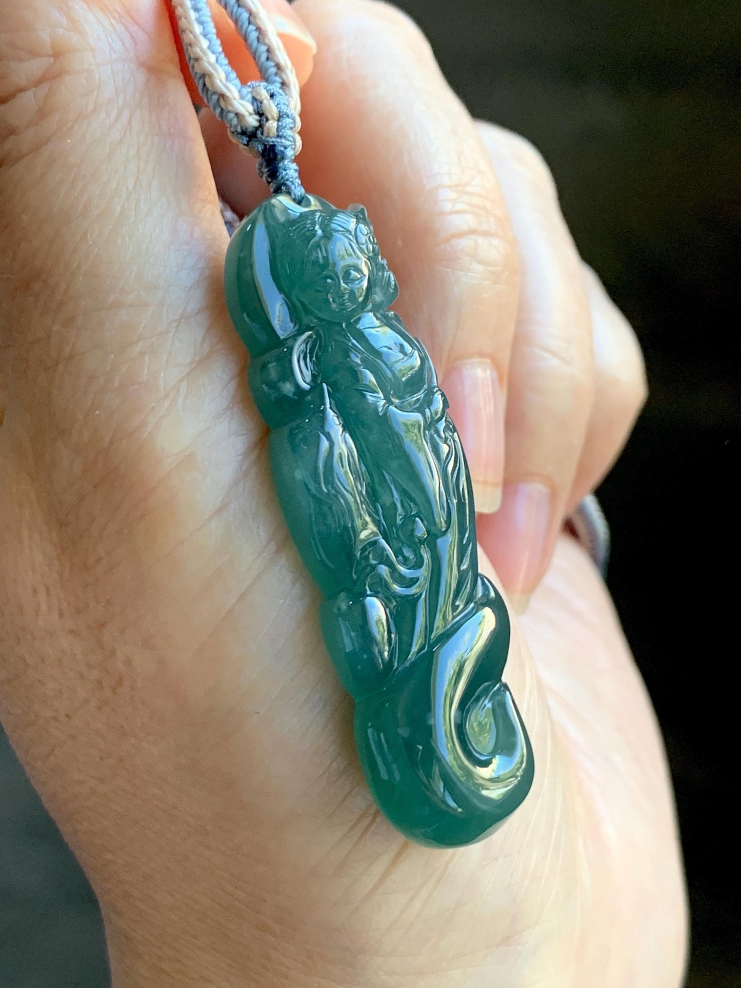Natural Grade A Guatemalan Icy Translucent Dark Teal Blue Jade Jadeite Fairy Fox Pendant Rope Necklace 27.5” Adjustable 天然冰危深蓝翡翠狐仙吊坠 WHX205