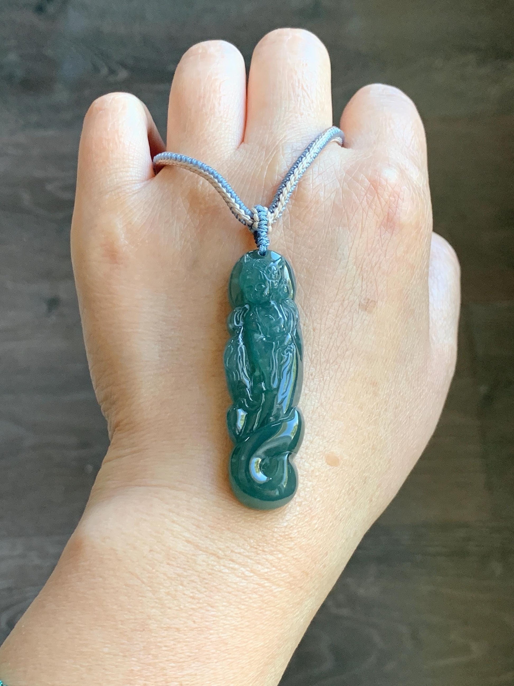 Natural Grade A Guatemalan Icy Translucent Dark Teal Blue Jade Jadeite Fairy Fox Pendant Rope Necklace 27.5” Adjustable 天然冰危深蓝翡翠狐仙吊坠 WHX205