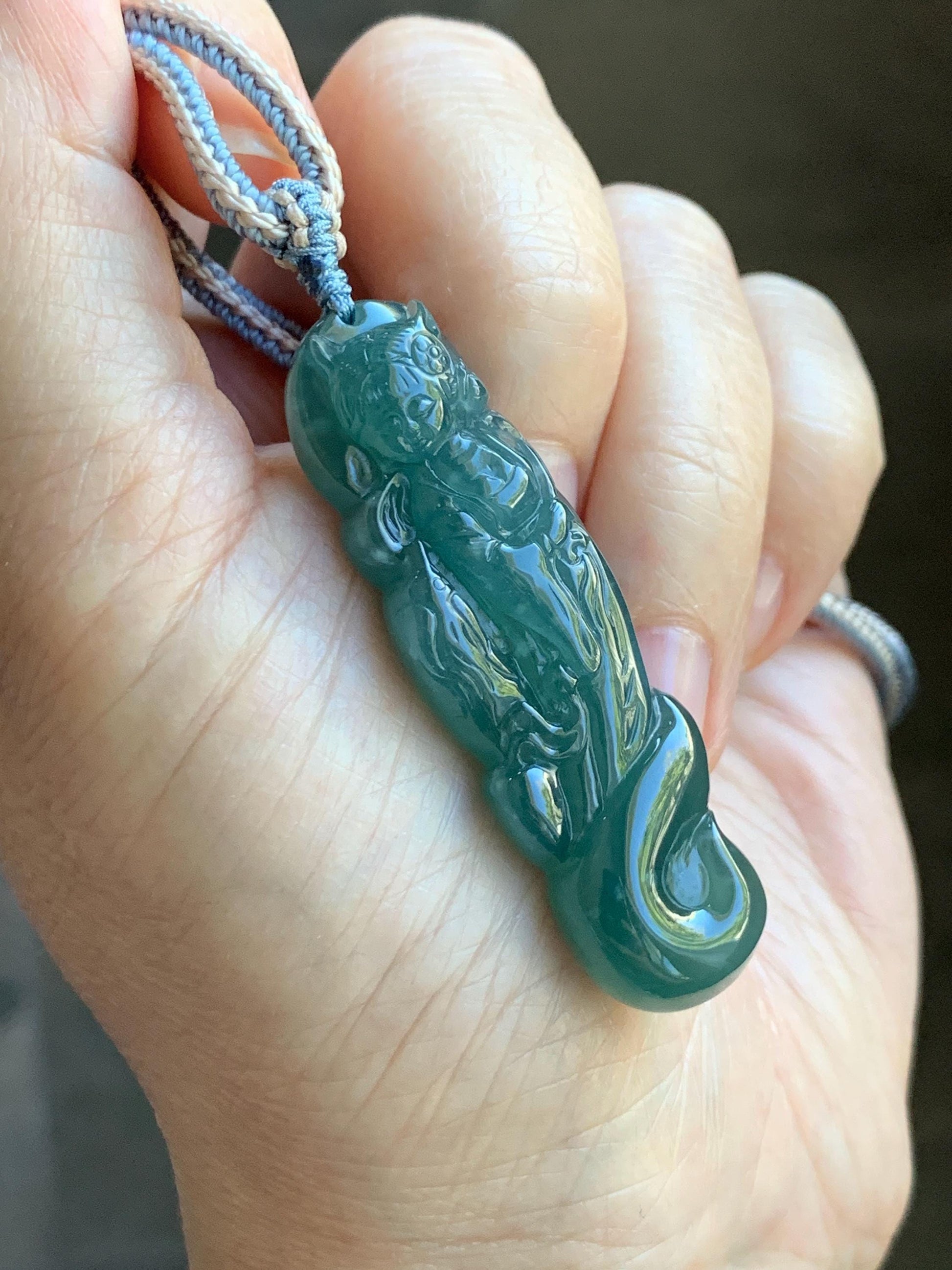 Natural Grade A Guatemalan Icy Translucent Dark Teal Blue Jade Jadeite Fairy Fox Pendant Rope Necklace 27.5” Adjustable 天然冰危深蓝翡翠狐仙吊坠 WHX205