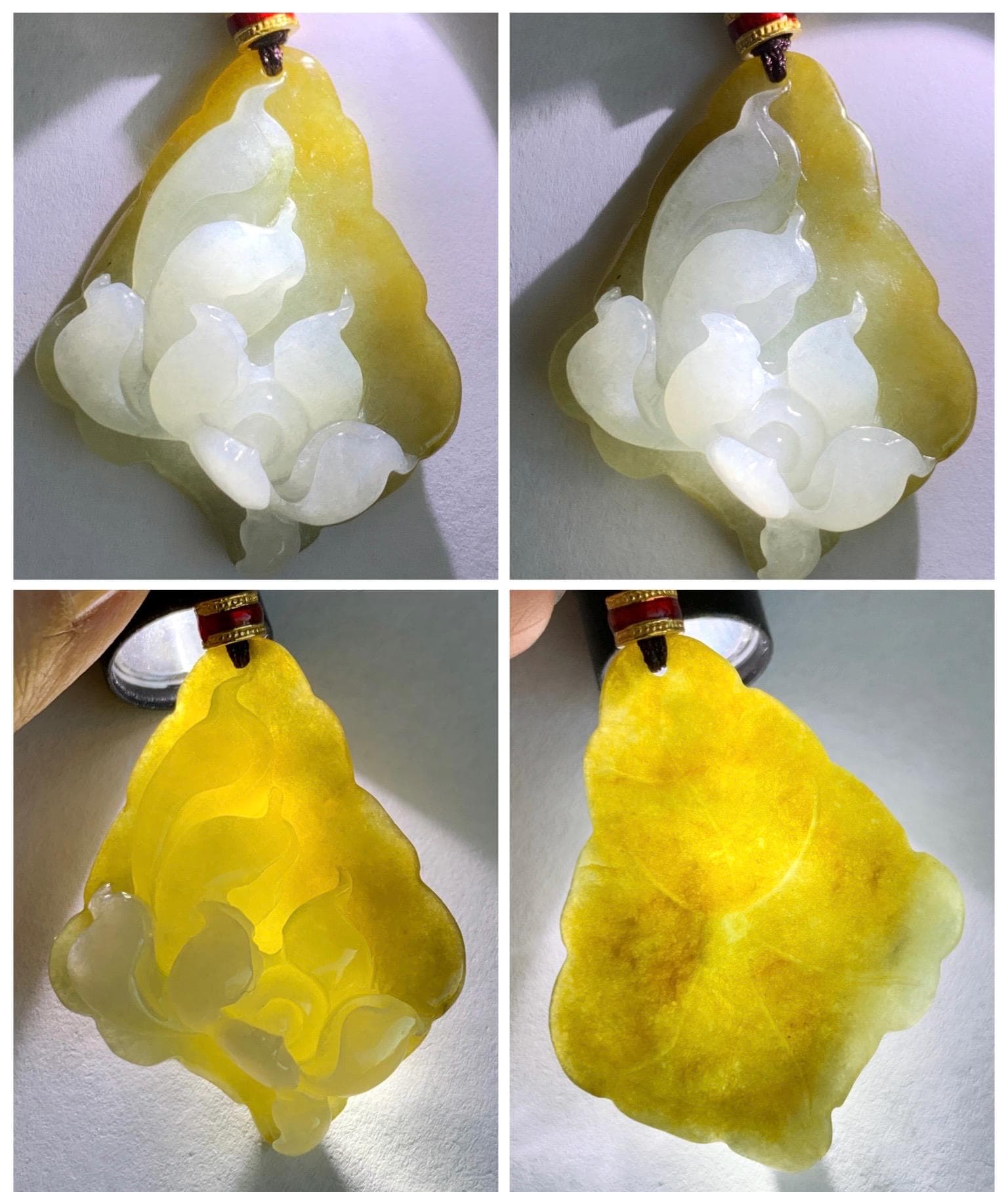 Natural Grade A Icy Translucent White Yellow Bicolored Jade Jadeite w/ Rind Lotus Flower Pendant Rope Necklace 27” 15g 天然冰胶油黄皮翡翠莲花牌项链 MSS280