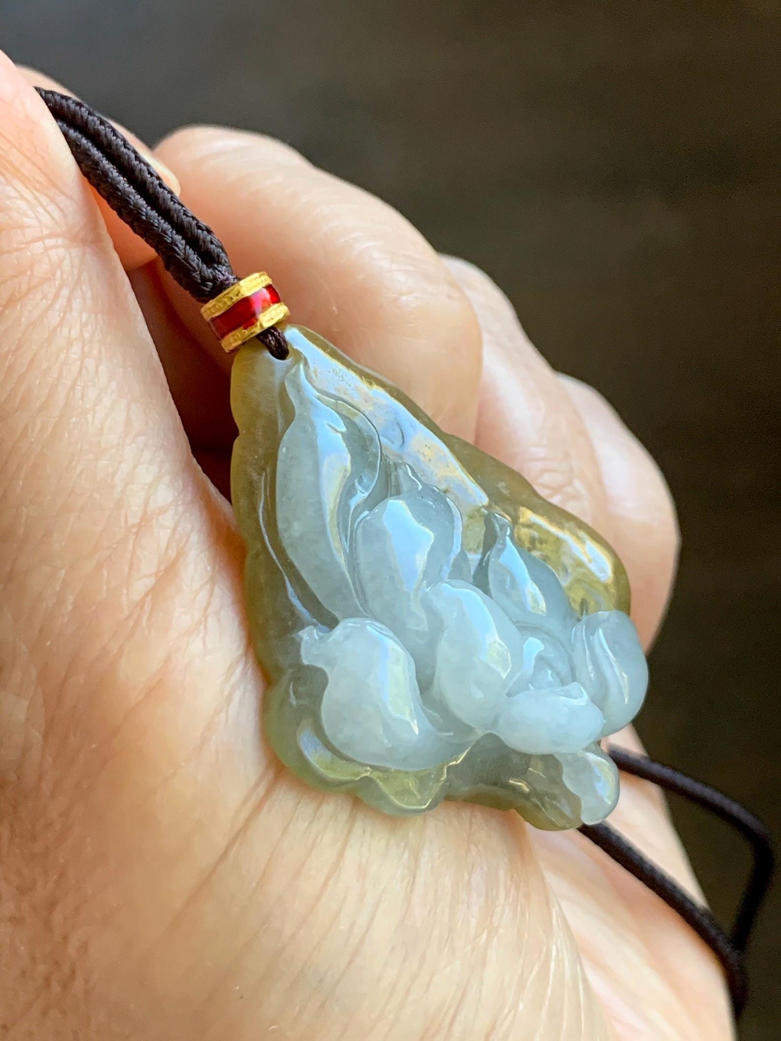 Natural Grade A Icy Translucent White Yellow Bicolored Jade Jadeite w/ Rind Lotus Flower Pendant Rope Necklace 27” 15g 天然冰胶油黄皮翡翠莲花牌项链 MSS280