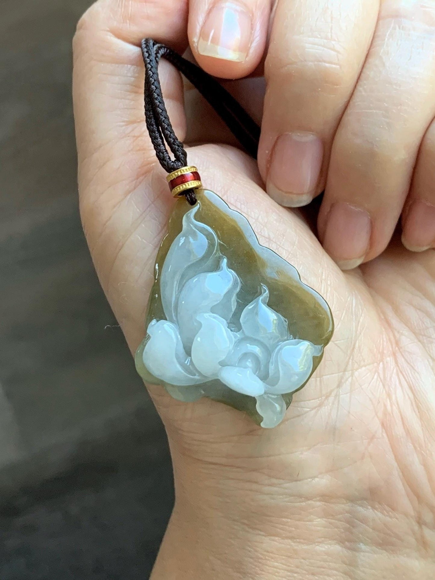 Natural Grade A Icy Translucent White Yellow Bicolored Jade Jadeite w/ Rind Lotus Flower Pendant Rope Necklace 27” 15g 天然冰胶油黄皮翡翠莲花牌项链 MSS280