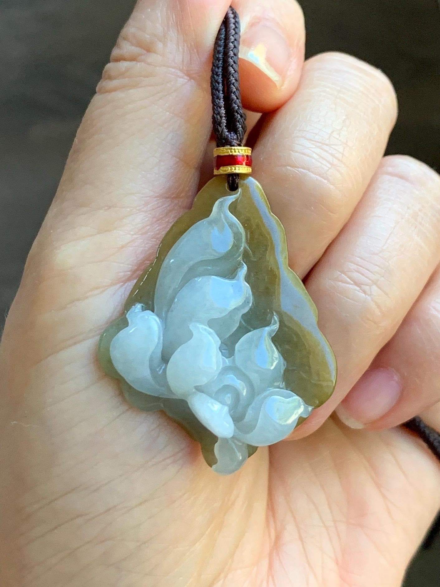 Natural Grade A Icy Translucent White Yellow Bicolored Jade Jadeite w/ Rind Lotus Flower Pendant Rope Necklace 27” 15g 天然冰胶油黄皮翡翠莲花牌项链 MSS280