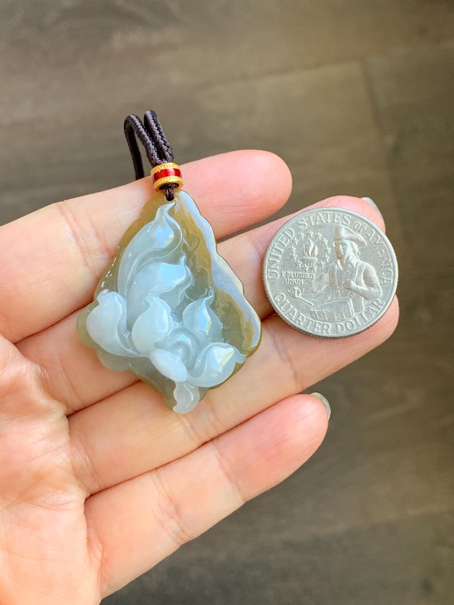 Natural Grade A Icy Translucent White Yellow Bicolored Jade Jadeite w/ Rind Lotus Flower Pendant Rope Necklace 27” 15g 天然冰胶油黄皮翡翠莲花牌项链 MSS280