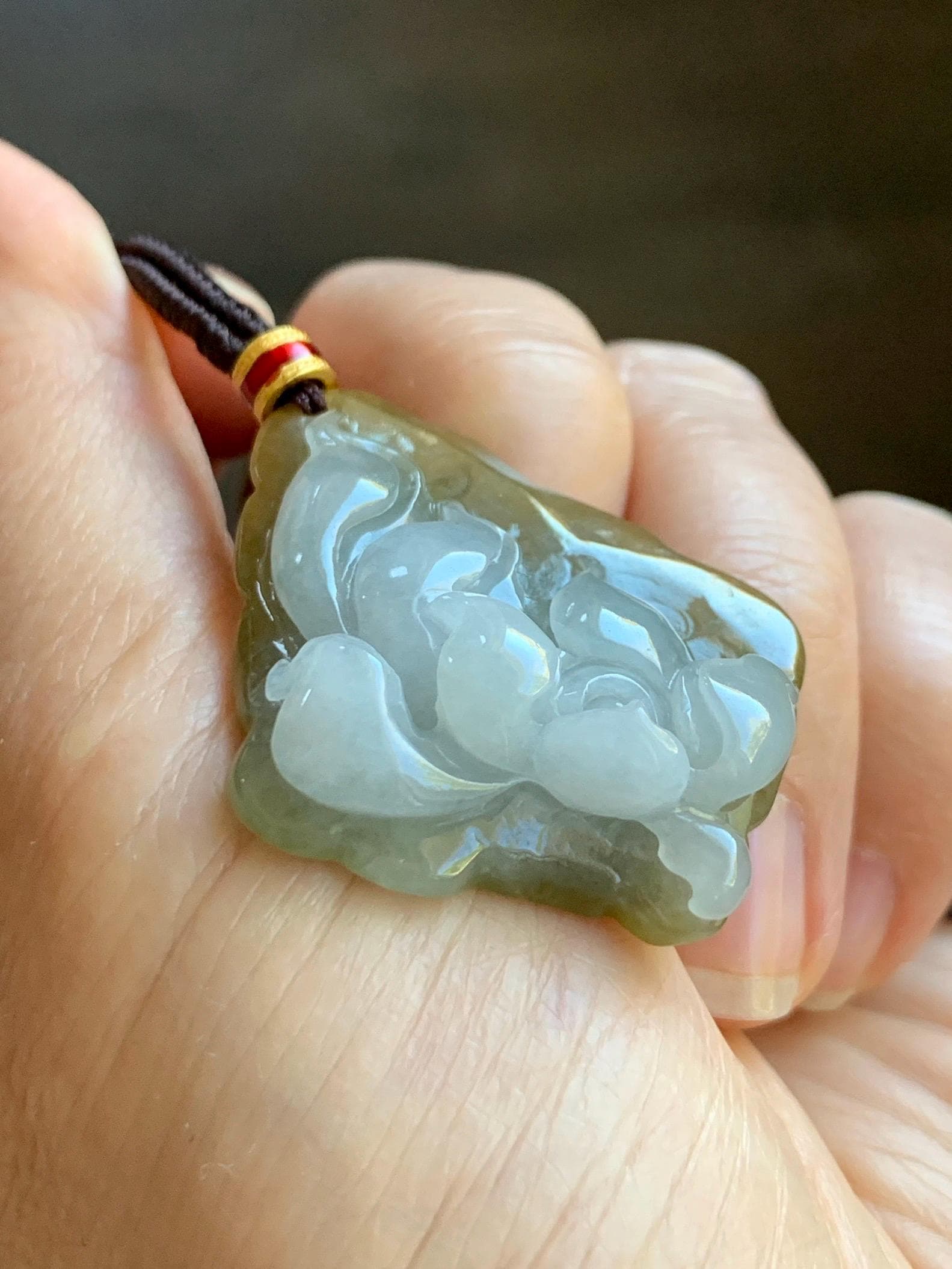 Natural Grade A Icy Translucent White Yellow Bicolored Jade Jadeite w/ Rind Lotus Flower Pendant Rope Necklace 27” 15g 天然冰胶油黄皮翡翠莲花牌项链 MSS280