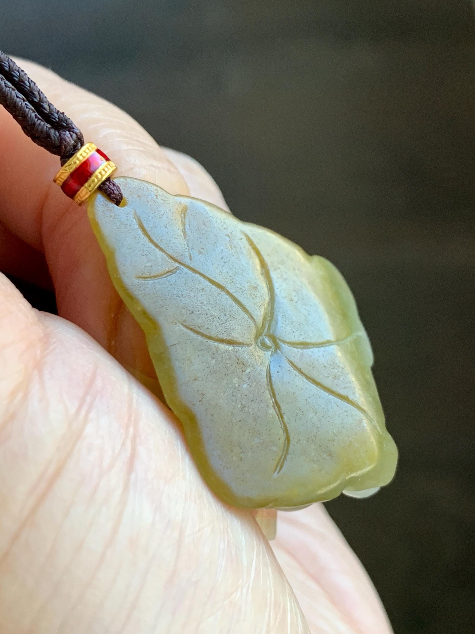 Natural Grade A Icy Translucent White Yellow Bicolored Jade Jadeite w/ Rind Lotus Flower Pendant Rope Necklace 27” 15g 天然冰胶油黄皮翡翠莲花牌项链 MSS280
