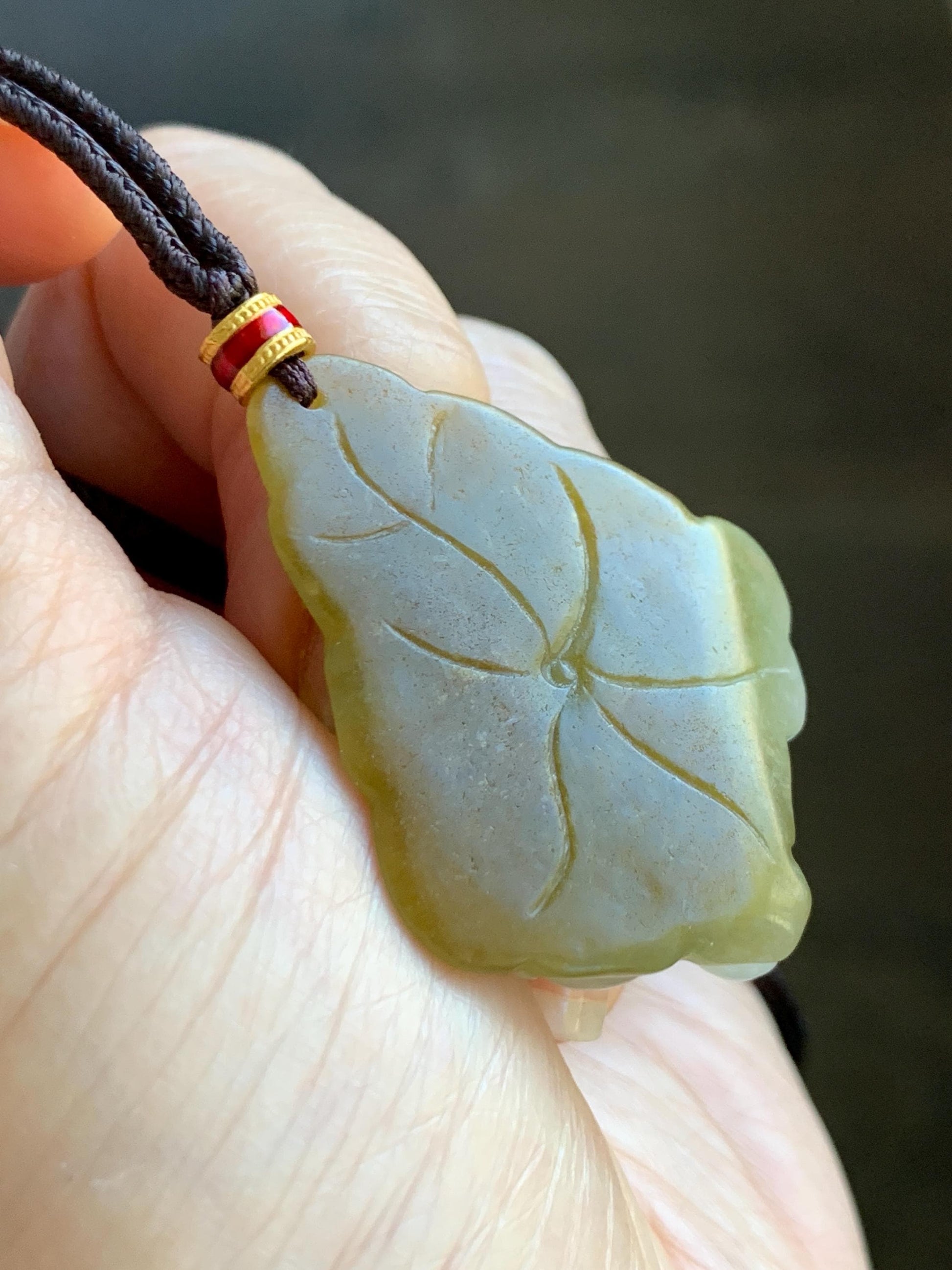 Natural Grade A Icy Translucent White Yellow Bicolored Jade Jadeite w/ Rind Lotus Flower Pendant Rope Necklace 27” 15g 天然冰胶油黄皮翡翠莲花牌项链 MSS280