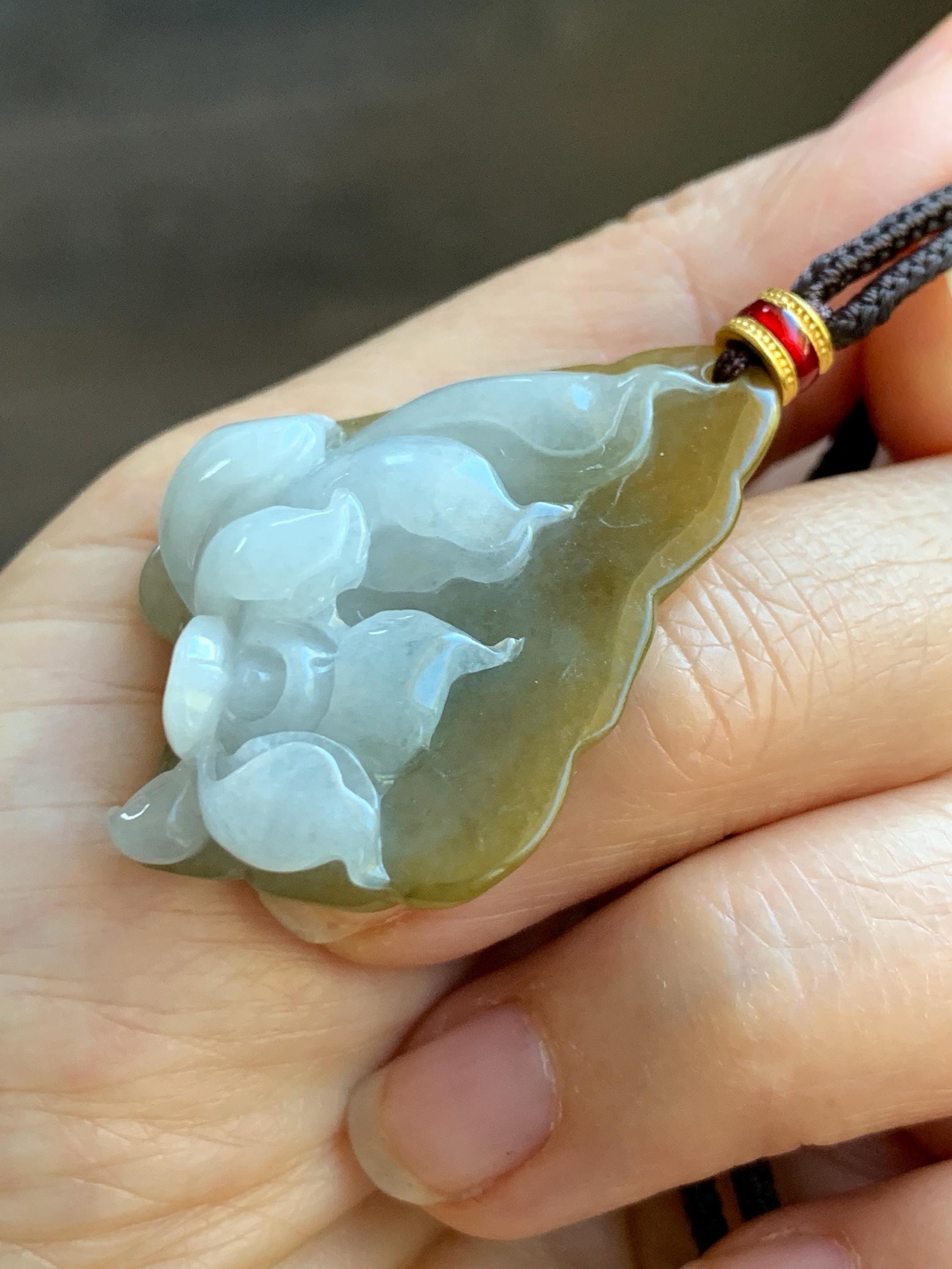 Natural Grade A Icy Translucent White Yellow Bicolored Jade Jadeite w/ Rind Lotus Flower Pendant Rope Necklace 27” 15g 天然冰胶油黄皮翡翠莲花牌项链 MSS280