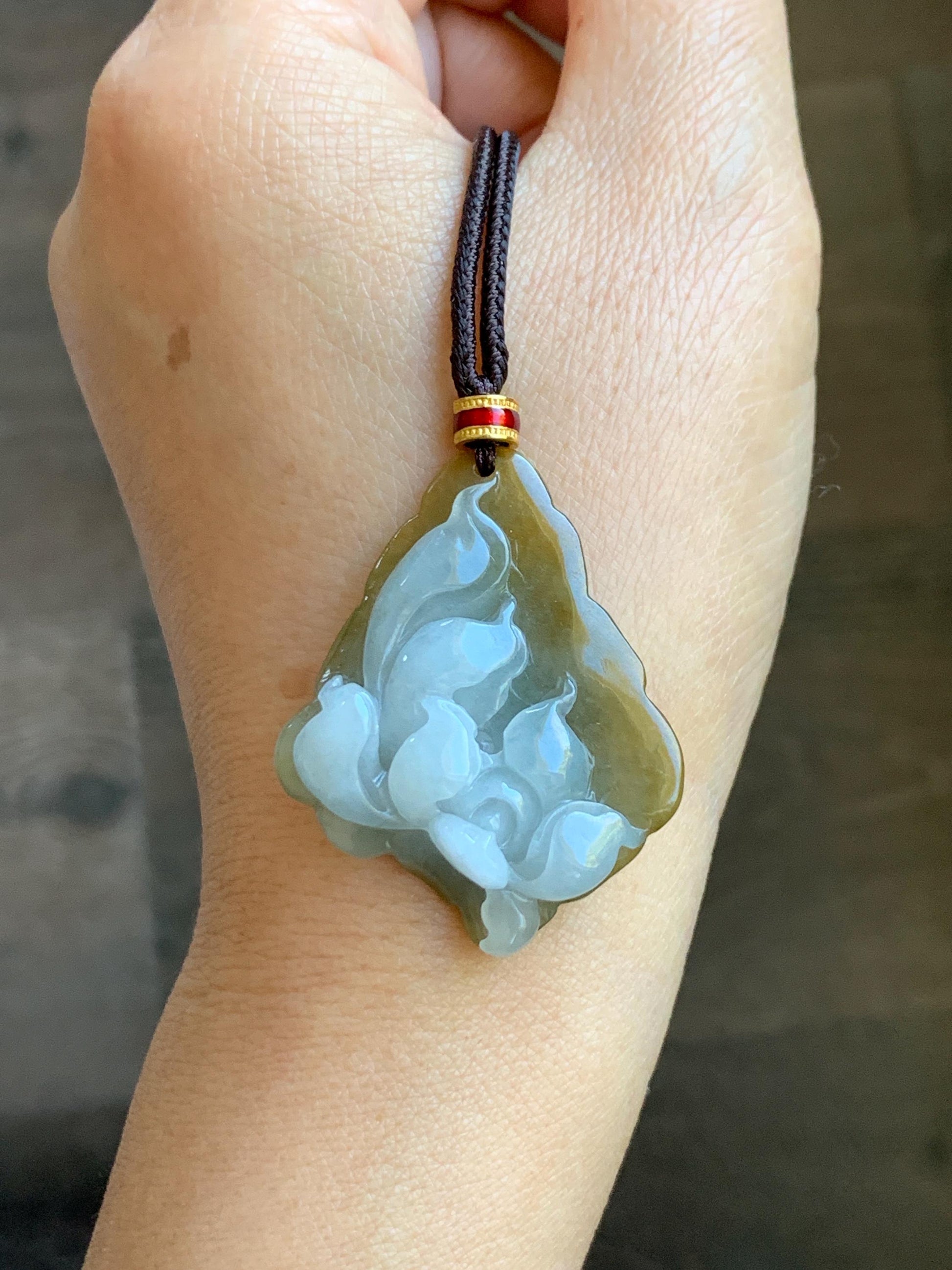 Natural Grade A Icy Translucent White Yellow Bicolored Jade Jadeite w/ Rind Lotus Flower Pendant Rope Necklace 27” 15g 天然冰胶油黄皮翡翠莲花牌项链 MSS280