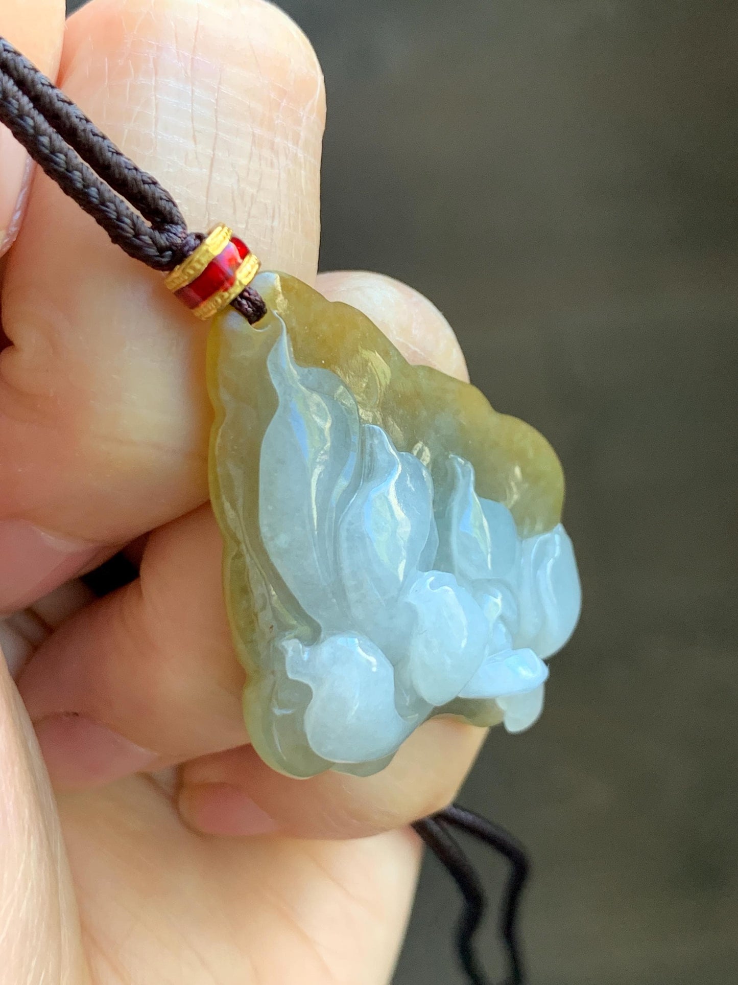 Natural Grade A Icy Translucent White Yellow Bicolored Jade Jadeite w/ Rind Lotus Flower Pendant Rope Necklace 27” 15g 天然冰胶油黄皮翡翠莲花牌项链 MSS280