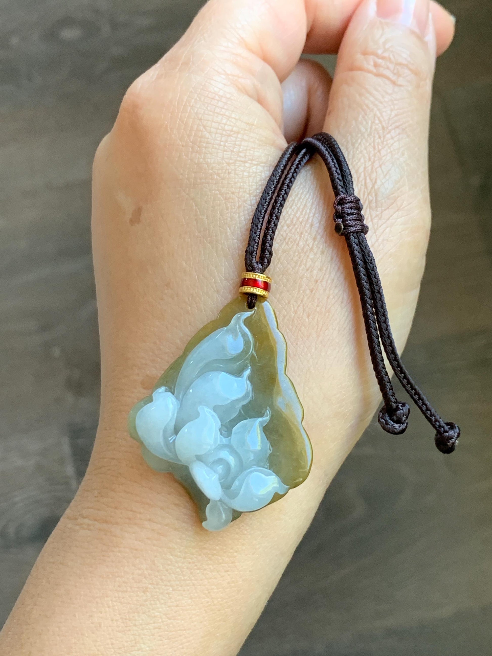 Natural Grade A Icy Translucent White Yellow Bicolored Jade Jadeite w/ Rind Lotus Flower Pendant Rope Necklace 27” 15g 天然冰胶油黄皮翡翠莲花牌项链 MSS280