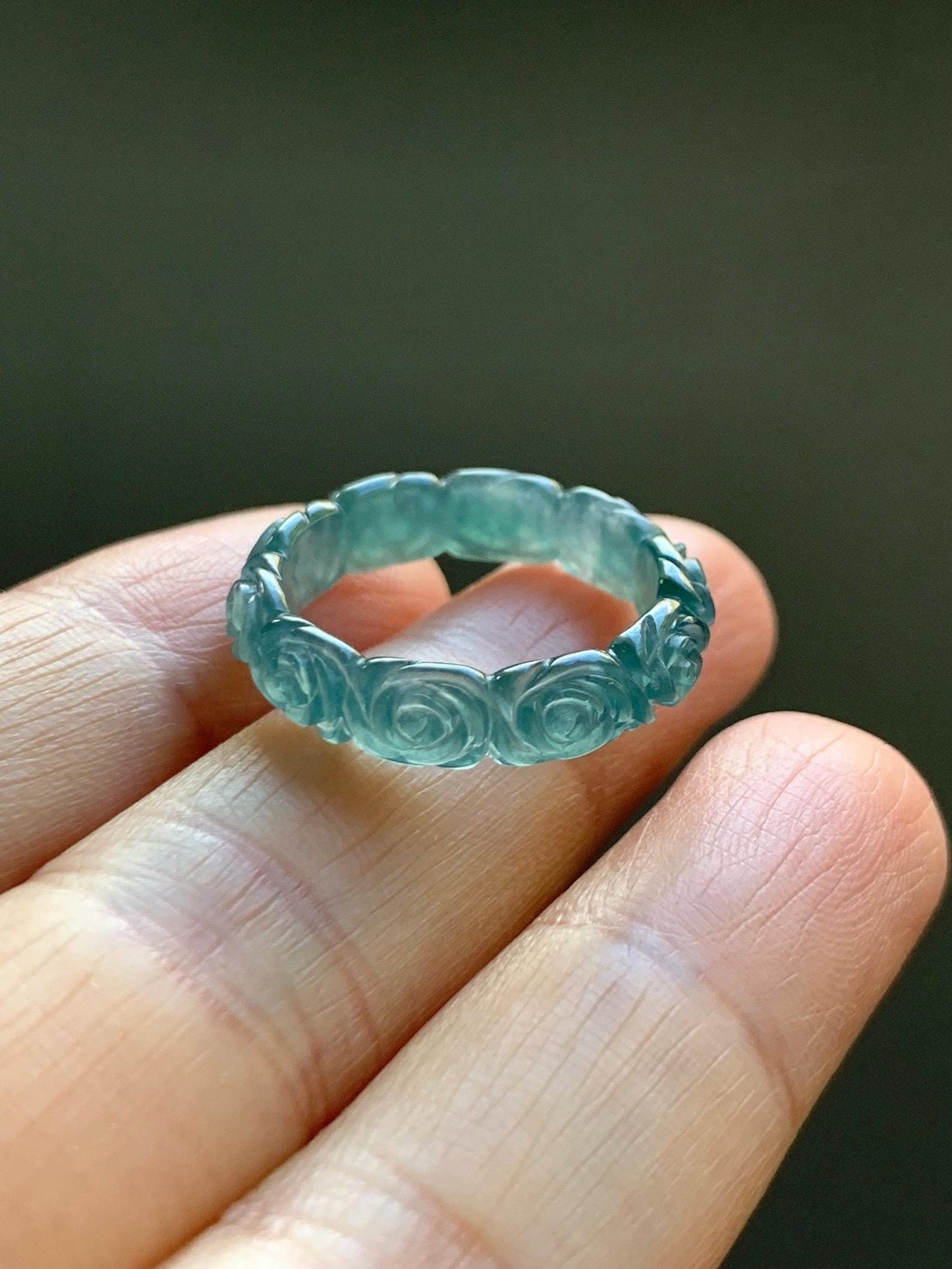 Grade A Natural Guatemalan Icy Translucent Dark Teal Blue Jade Jadeite Carved Rose Band Ring Size 7.25 US 天然冰胶危蓝翡翠玫瑰花戒圈 GWR450C
