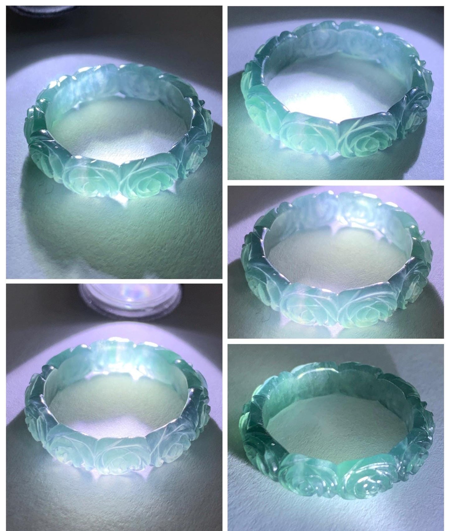 Grade A Natural Guatemalan Icy Translucent Dark Teal Blue Jade Jadeite Carved Rose Band Ring Size 7.25 US 天然冰胶危蓝翡翠玫瑰花戒圈 GWR450C