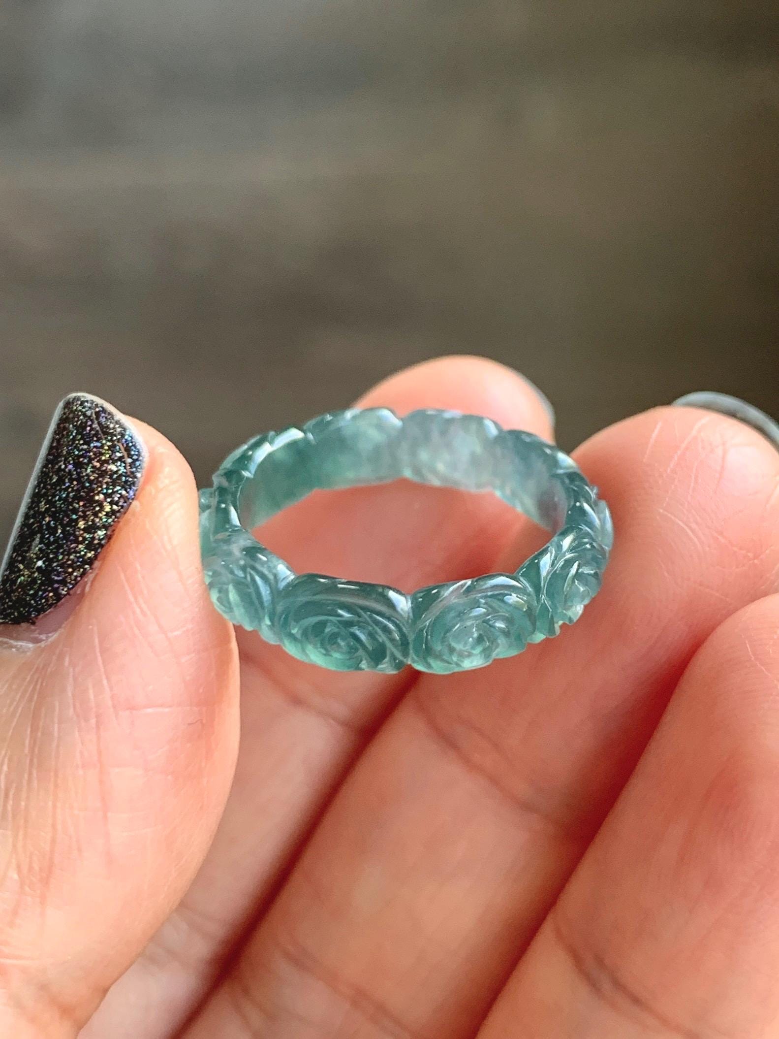 Grade A Natural Guatemalan Icy Translucent Dark Teal Blue Jade Jadeite Carved Rose Band Ring Size 7.25 US 天然冰胶危蓝翡翠玫瑰花戒圈 GWR450C