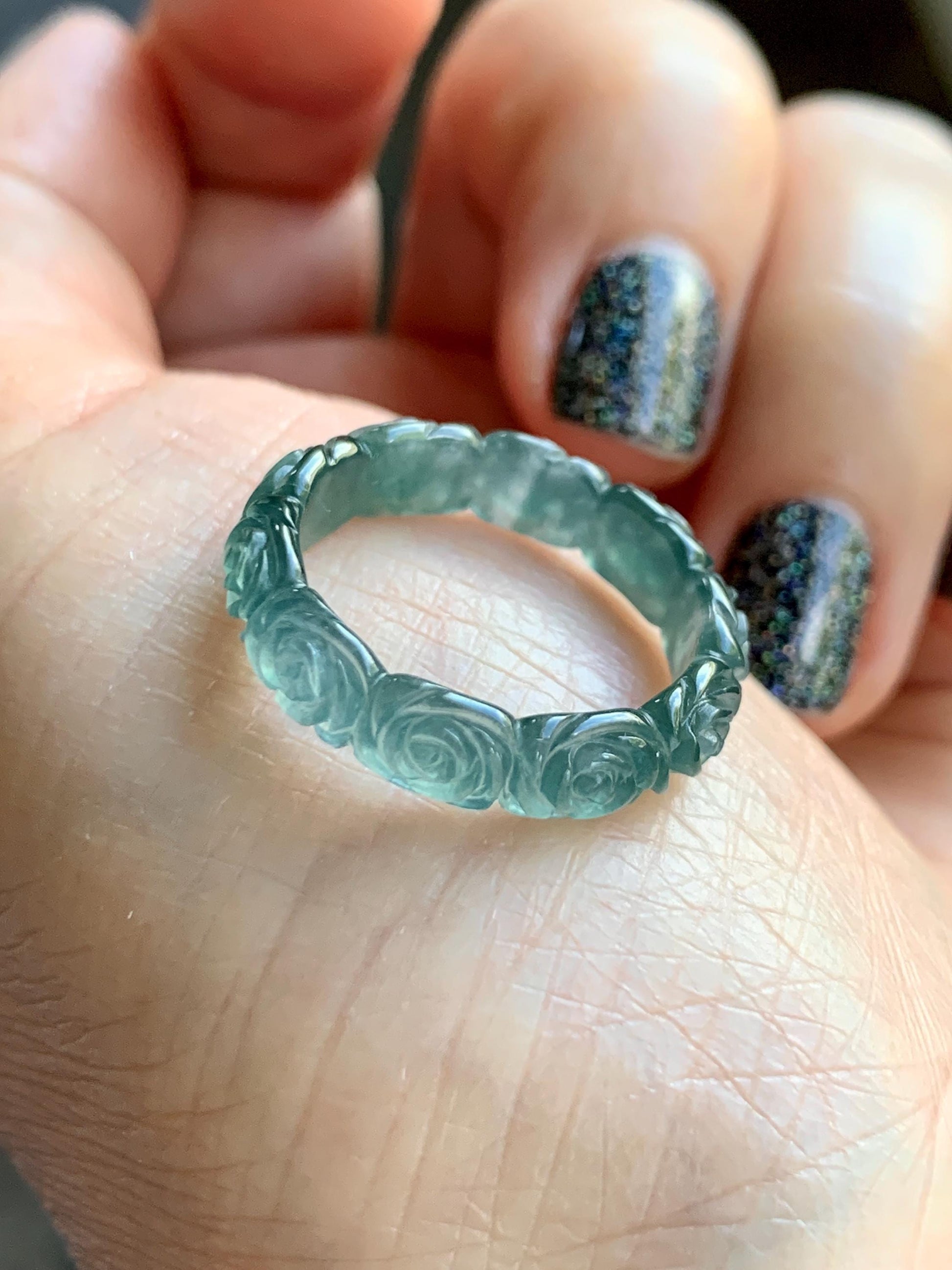Grade A Natural Guatemalan Icy Translucent Dark Teal Blue Jade Jadeite Carved Rose Band Ring Size 7.25 US 天然冰胶危蓝翡翠玫瑰花戒圈 GWR450C