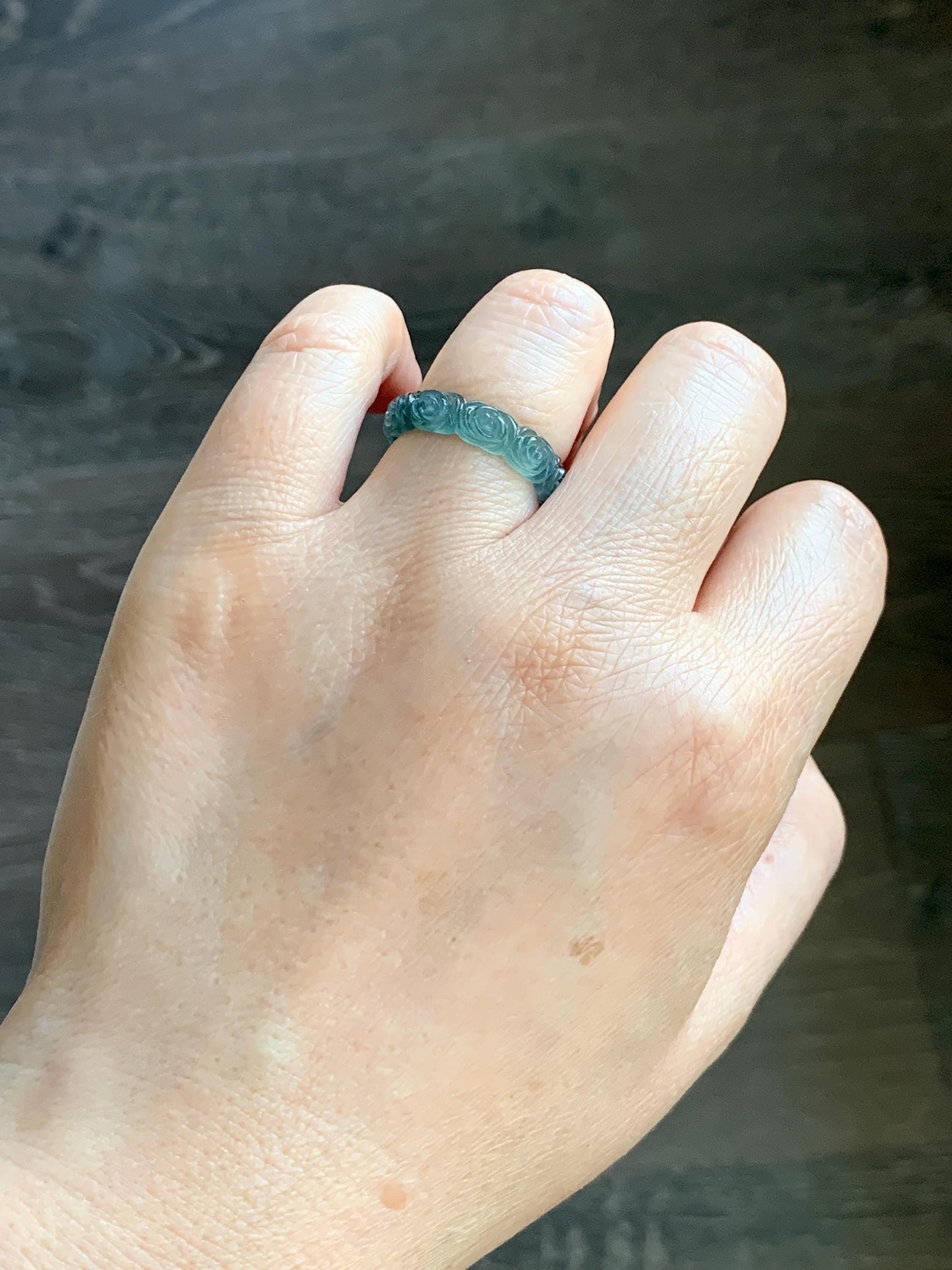 Grade A Natural Guatemalan Icy Translucent Dark Teal Blue Jade Jadeite Carved Rose Band Ring Size 7.25 US 天然冰胶危蓝翡翠玫瑰花戒圈 GWR450C