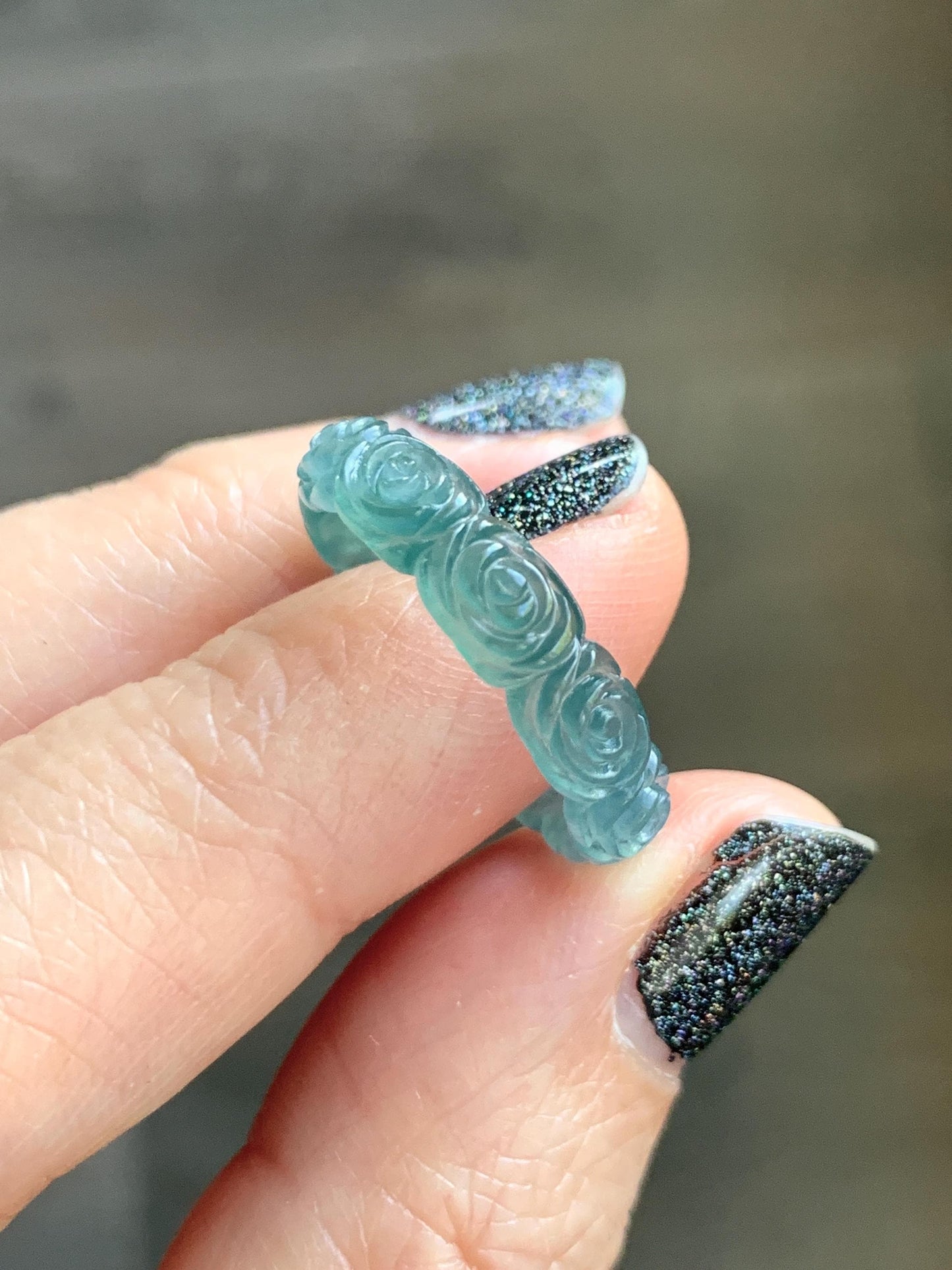 Grade A Natural Guatemalan Icy Translucent Dark Teal Blue Jade Jadeite Carved Rose Band Ring Size 7.25 US 天然冰胶危蓝翡翠玫瑰花戒圈 GWR450C