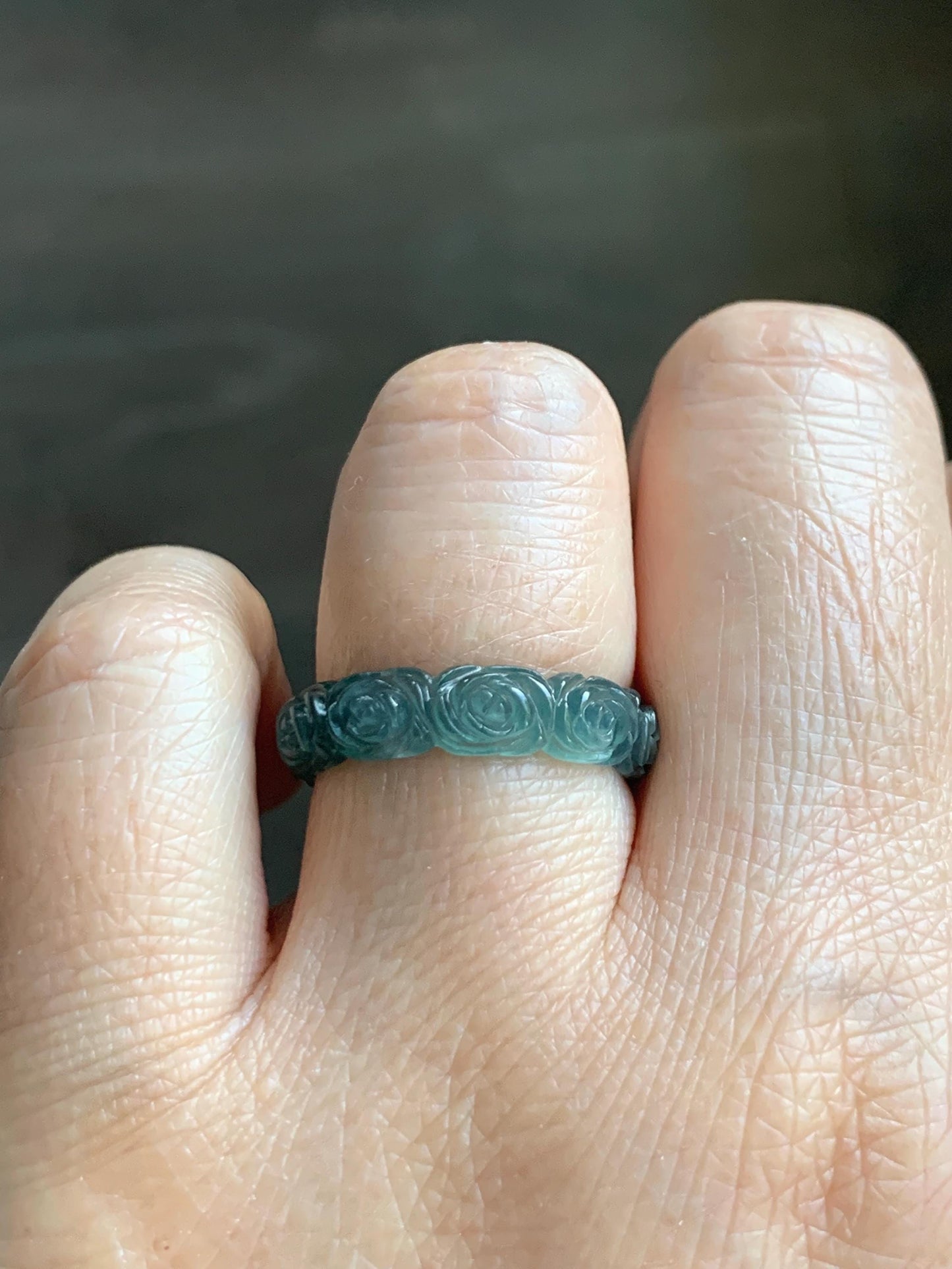 Grade A Natural Guatemalan Icy Translucent Dark Teal Blue Jade Jadeite Carved Rose Band Ring Size 7.25 US 天然冰胶危蓝翡翠玫瑰花戒圈 GWR450C
