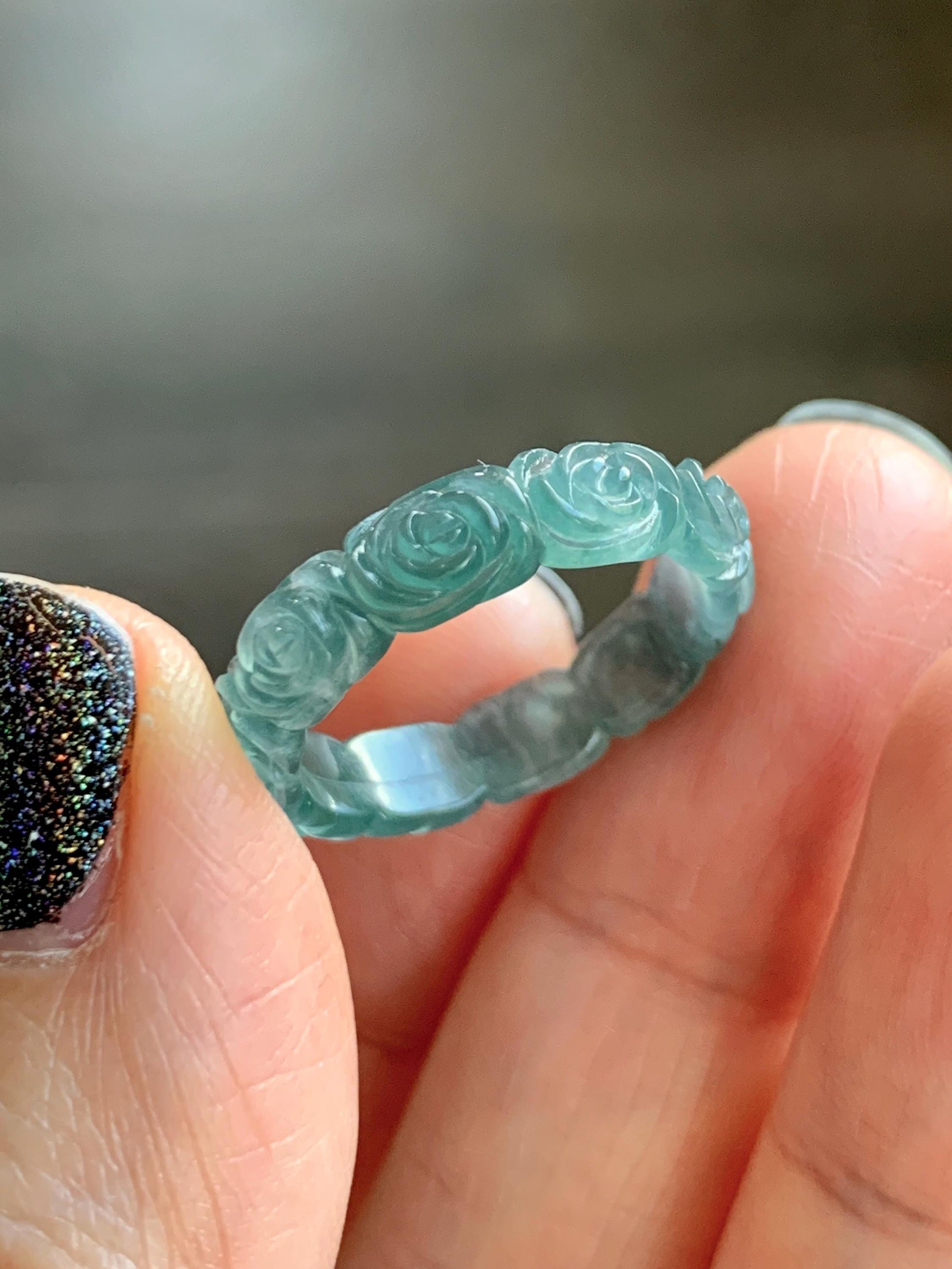 Grade A Natural Guatemalan Icy Translucent Dark Teal Blue Jade Jadeite Carved Rose Band Ring Size 7.25 US 天然冰胶危蓝翡翠玫瑰花戒圈 GWR450C