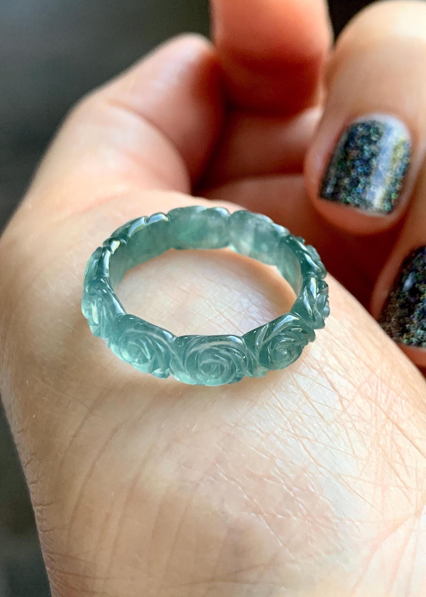 Grade A Natural Guatemalan Icy Translucent Dark Teal Blue Jade Jadeite Carved Rose Band Ring Size 7.25 US 天然冰胶危蓝翡翠玫瑰花戒圈 GWR450C