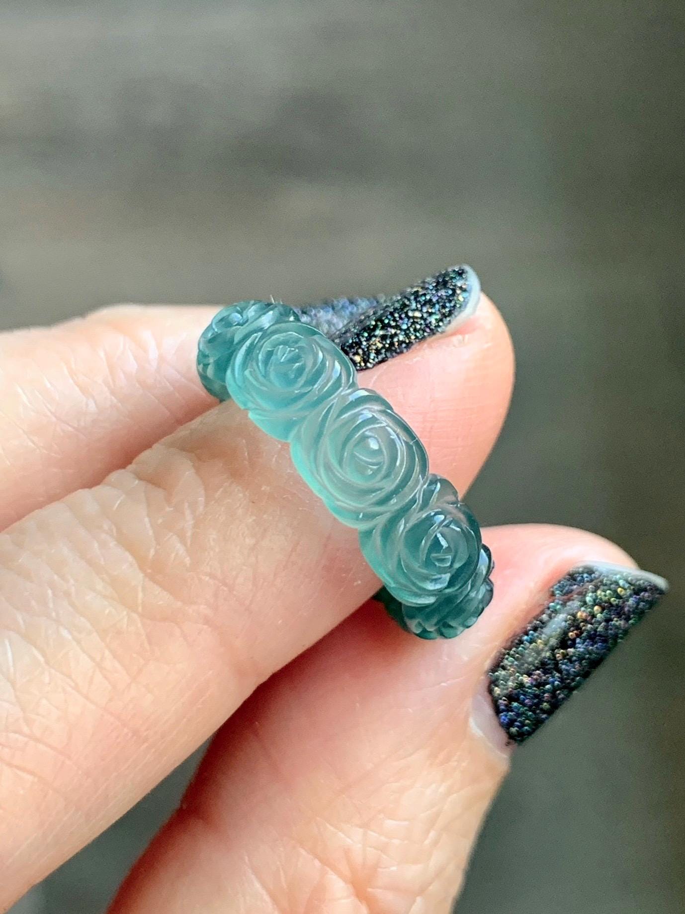 Grade A Natural Guatemalan Icy Translucent Dark Teal Blue Jade Jadeite Carved Rose Band Ring Size 6 US 天然冰胶危蓝翡翠玫瑰花戒圈 GWR450B