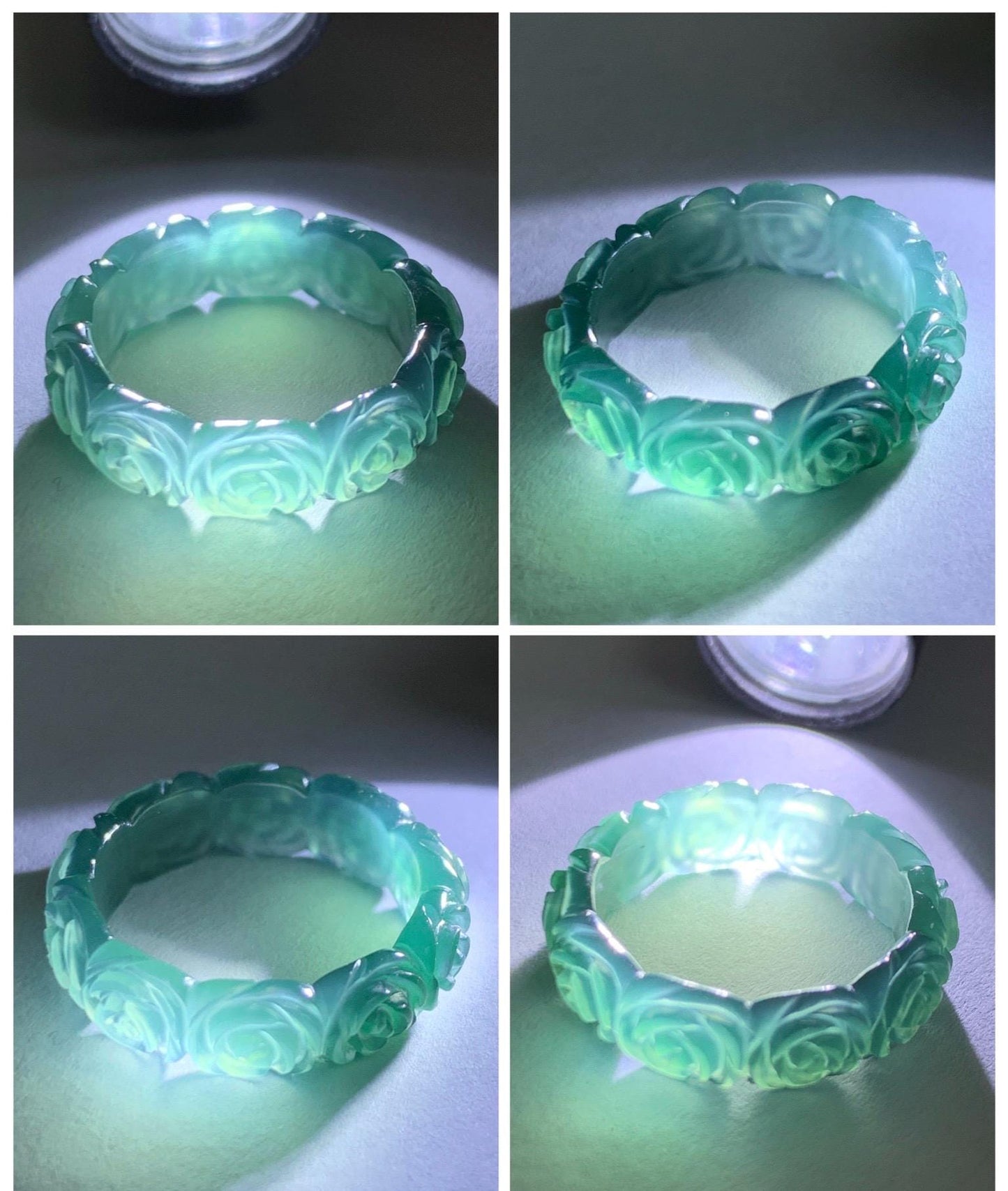 Grade A Natural Guatemalan Icy Translucent Dark Teal Blue Jade Jadeite Carved Rose Band Ring Size 6 US 天然冰胶危蓝翡翠玫瑰花戒圈 GWR450B