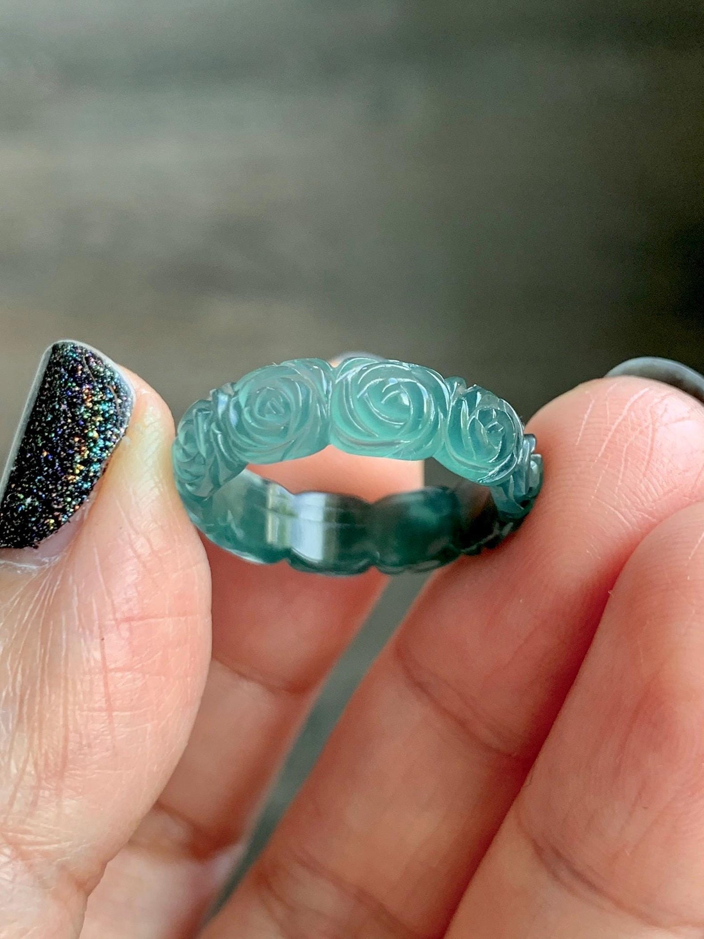 Grade A Natural Guatemalan Icy Translucent Dark Teal Blue Jade Jadeite Carved Rose Band Ring Size 6 US 天然冰胶危蓝翡翠玫瑰花戒圈 GWR450B