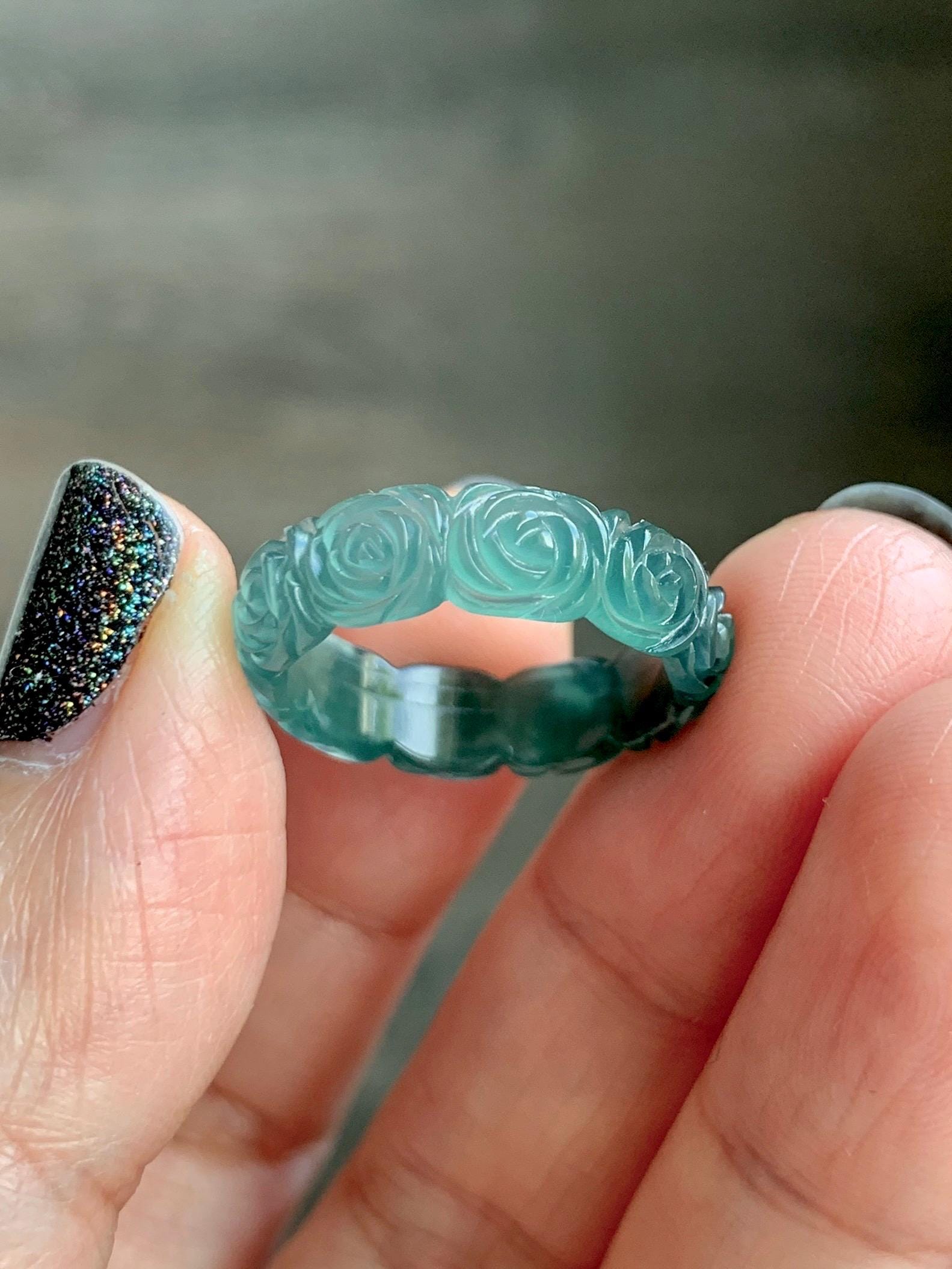 Grade A Natural Guatemalan Icy Translucent Dark Teal Blue Jade Jadeite Carved Rose Band Ring Size 6 US 天然冰胶危蓝翡翠玫瑰花戒圈 GWR450B