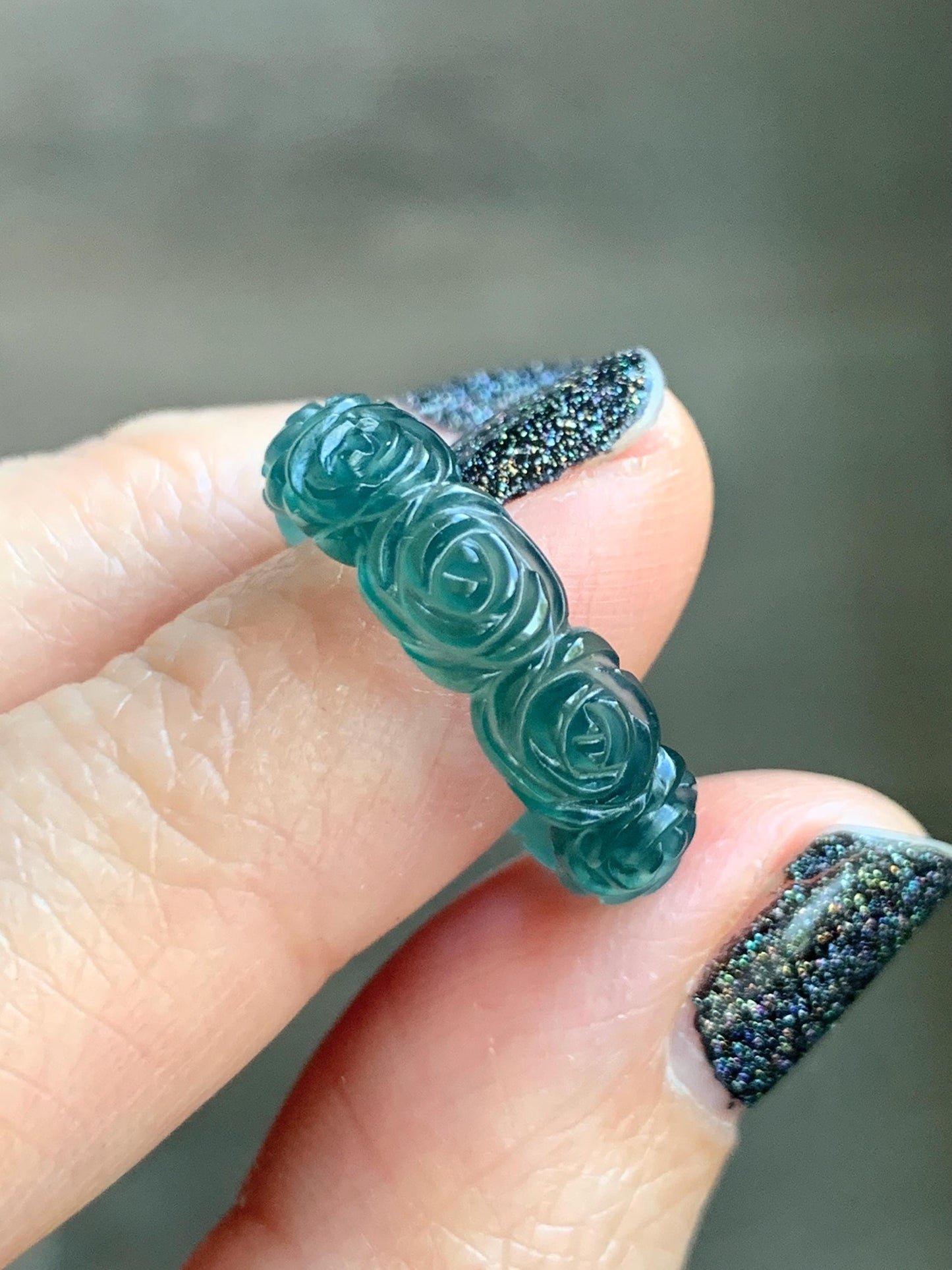 Grade A Natural Guatemalan Icy Translucent Dark Teal Blue Jade Jadeite Carved Rose Band Ring Size 6 US 天然冰胶危蓝翡翠玫瑰花戒圈 GWR450B