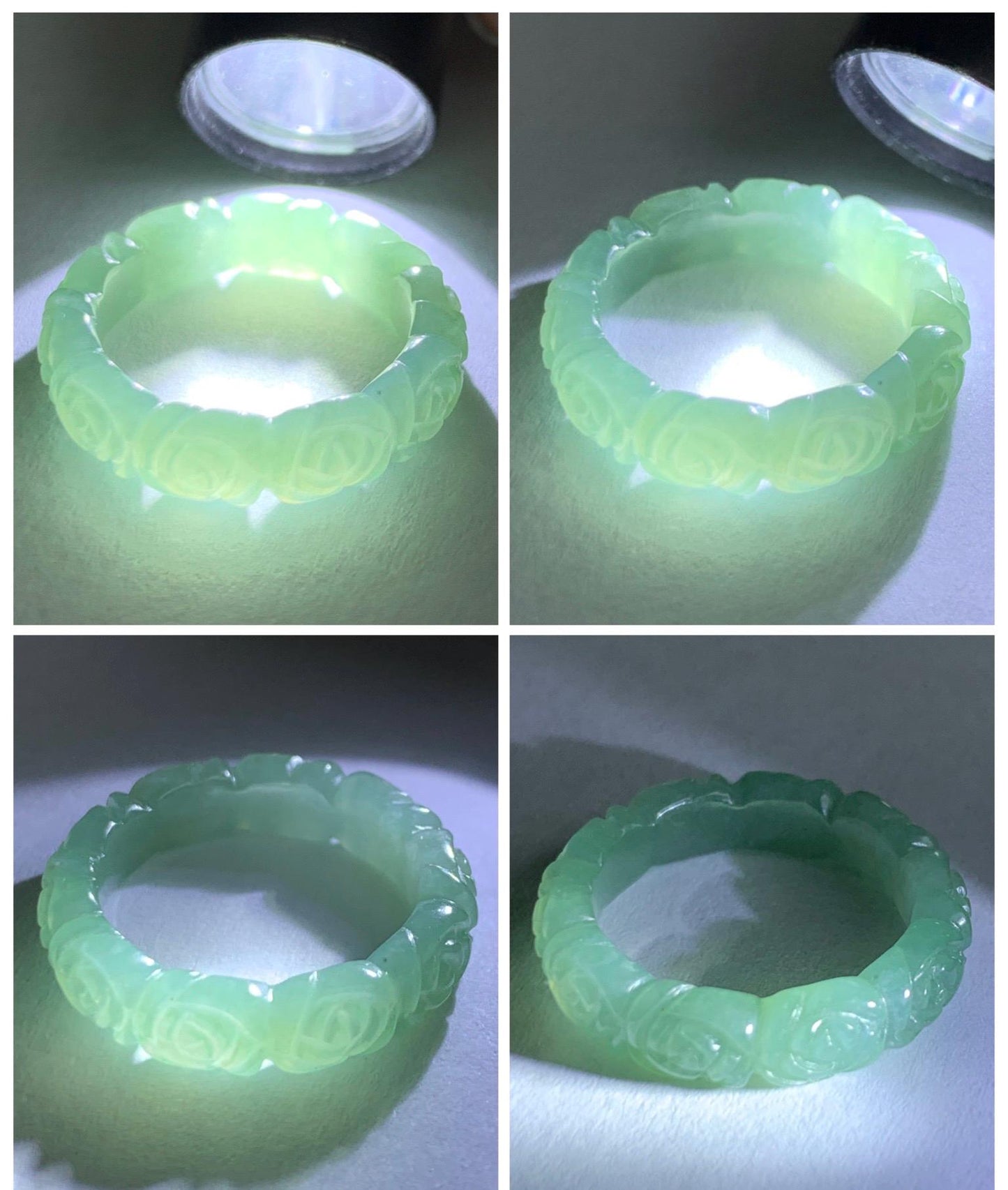 Grade A Natural Icy Translucent Light Green Jade Jadeite Carved Rose Band Ring Size 5 US 天然冰晴色翡翠玫瑰花戒圈 MQH110