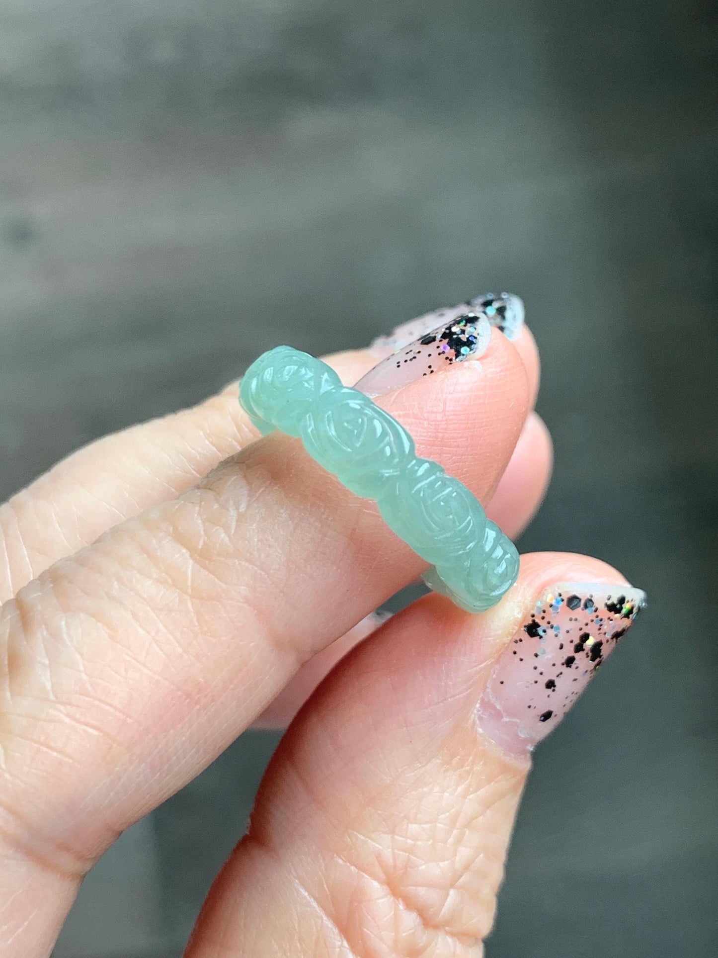 Grade A Natural Icy Translucent Light Green Jade Jadeite Carved Rose Band Ring Size 5 US 天然冰晴色翡翠玫瑰花戒圈 MQH110