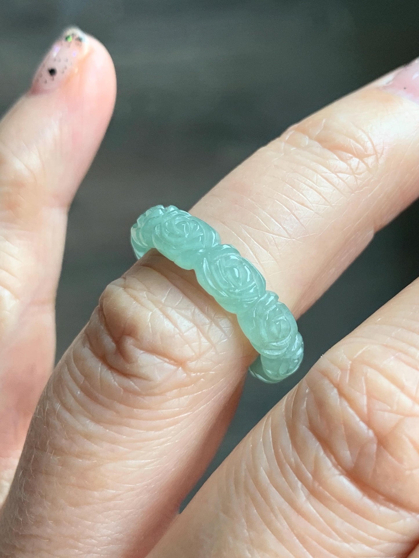 Grade A Natural Icy Translucent Light Green Jade Jadeite Carved Rose Band Ring Size 5 US 天然冰晴色翡翠玫瑰花戒圈 MQH110