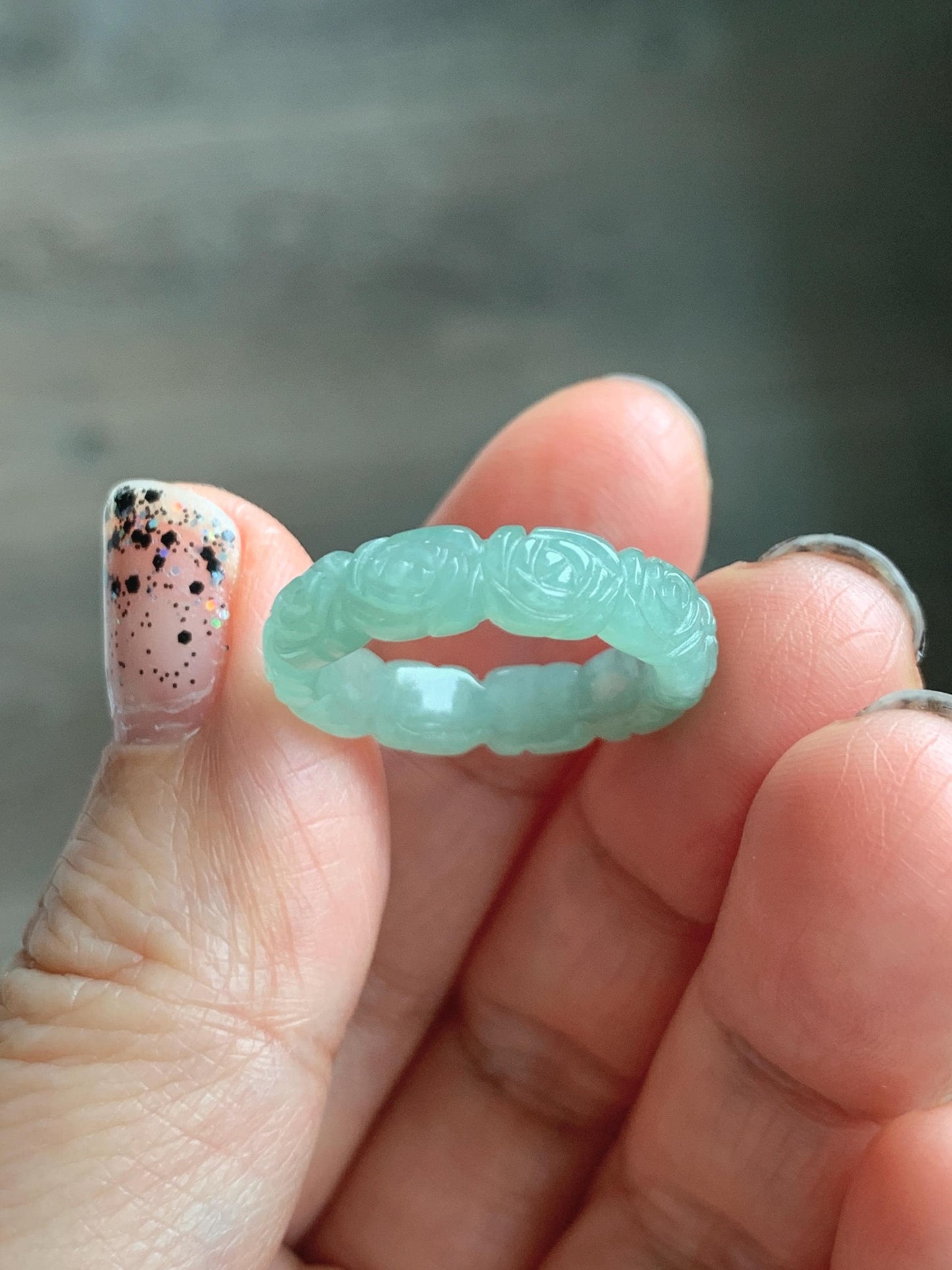 Grade A Natural Icy Translucent Light Green Jade Jadeite Carved Rose Band Ring Size 5 US 天然冰晴色翡翠玫瑰花戒圈 MQH110