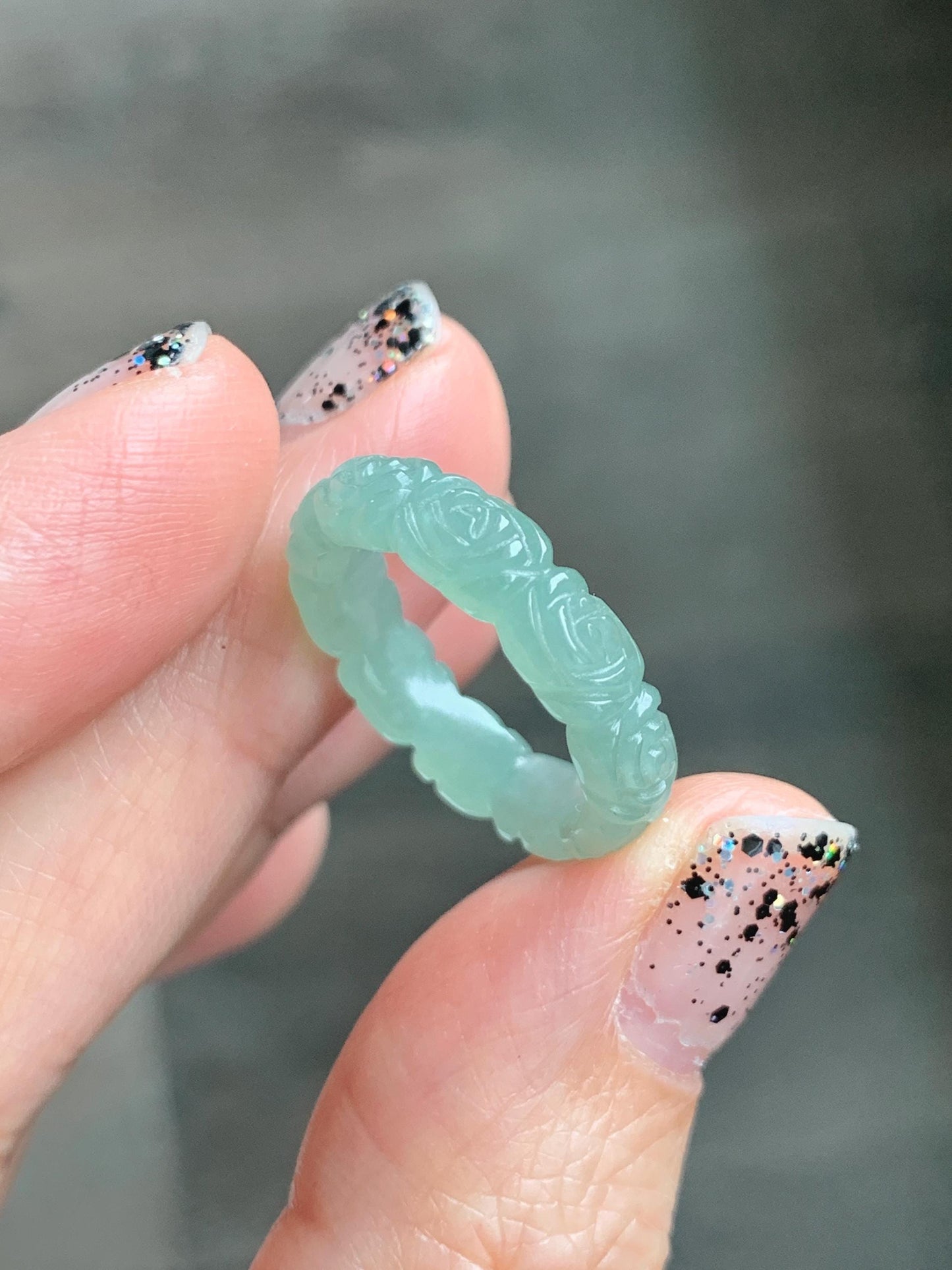 Grade A Natural Icy Translucent Light Green Jade Jadeite Carved Rose Band Ring Size 5 US 天然冰晴色翡翠玫瑰花戒圈 MQH110