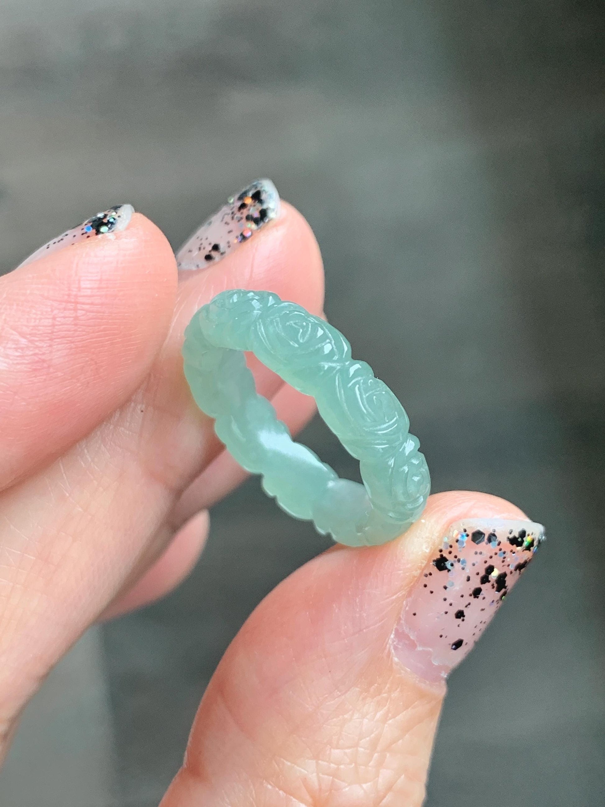 Grade A Natural Icy Translucent Light Green Jade Jadeite Carved Rose Band Ring Size 5 US 天然冰晴色翡翠玫瑰花戒圈 MQH110