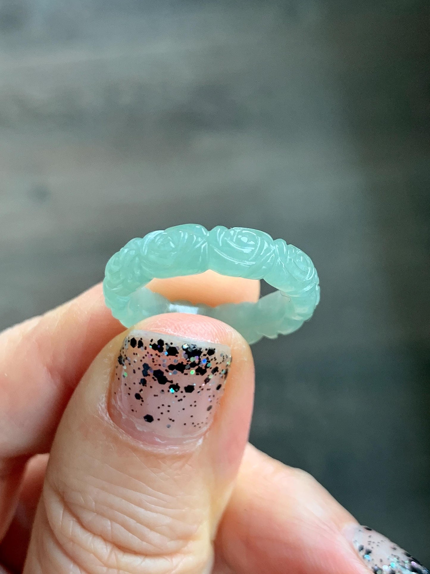 Grade A Natural Icy Translucent Light Green Jade Jadeite Carved Rose Band Ring Size 5 US 天然冰晴色翡翠玫瑰花戒圈 MQH110