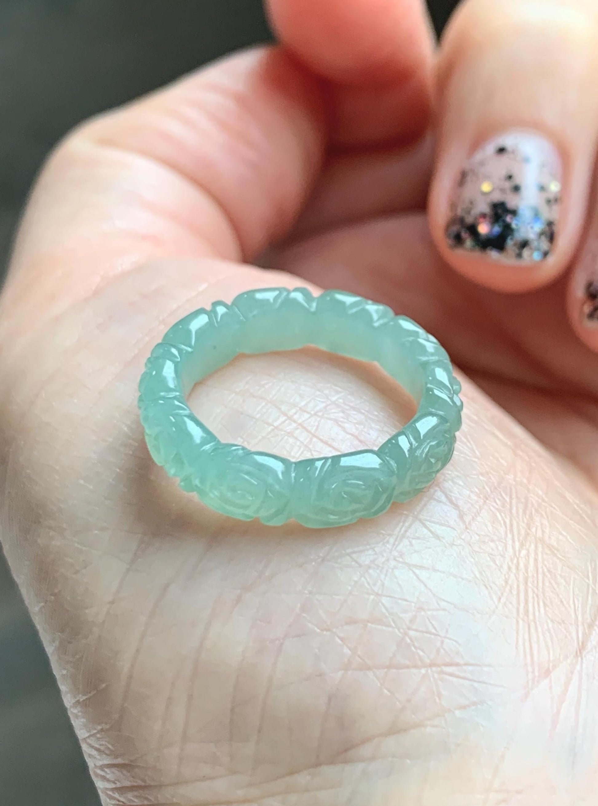 Grade A Natural Icy Translucent Light Green Jade Jadeite Carved Rose Band Ring Size 5 US 天然冰晴色翡翠玫瑰花戒圈 MQH110