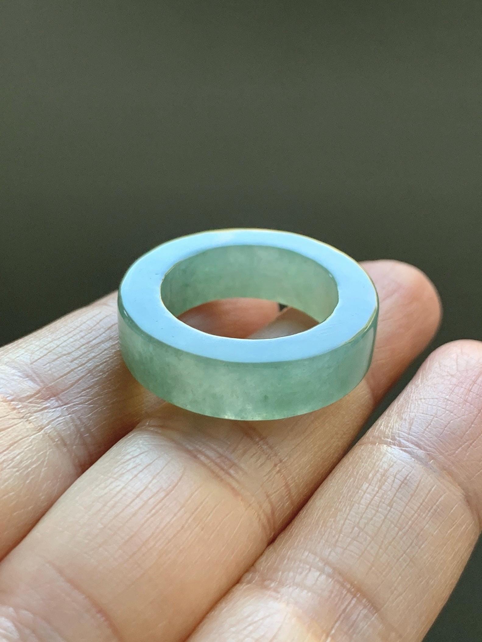 Natural Grade A Icy Translucent Gelatinous Light Green Jade Jadeite Square Edged Band Ring Size 7.25 US 7g 天然冰胶晴色翡翠角戒戒圈 MQF128